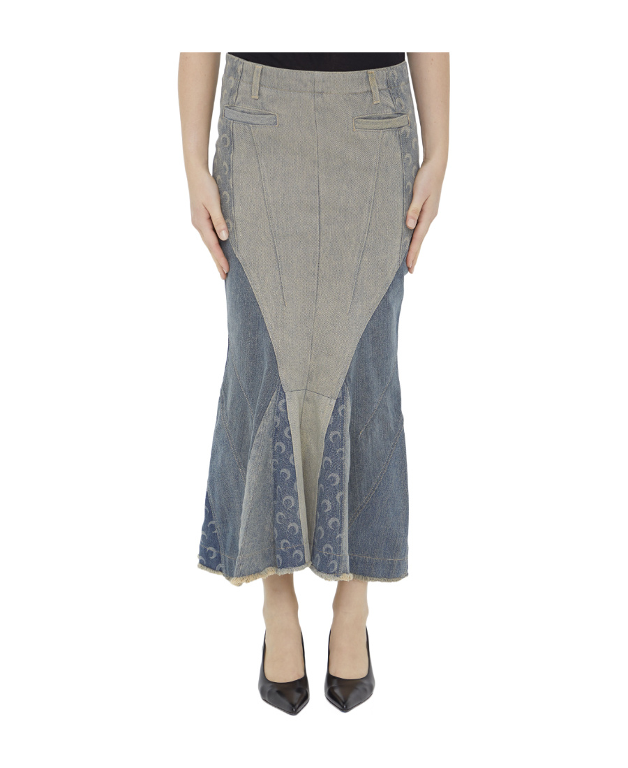 Marine Serre Panelled Denim Flared Skirt In Gray