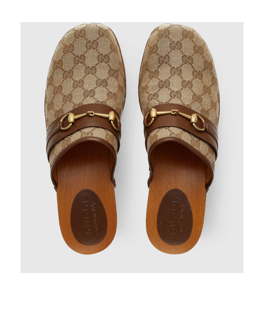 Gucci Horsebit Leather-trimmed Monogrammed Canvas Clogs In Brown