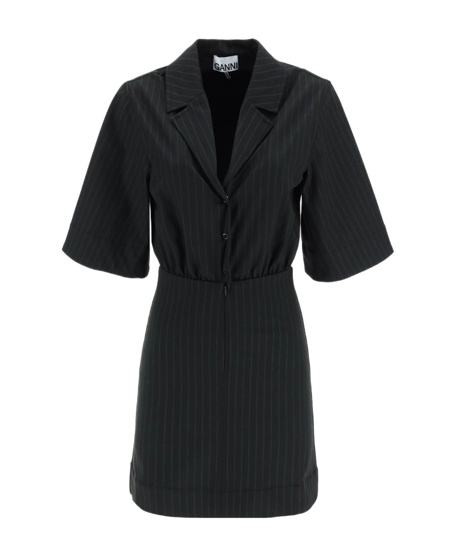 Ganni Pinstripe Shirt Mini Dress In Black
