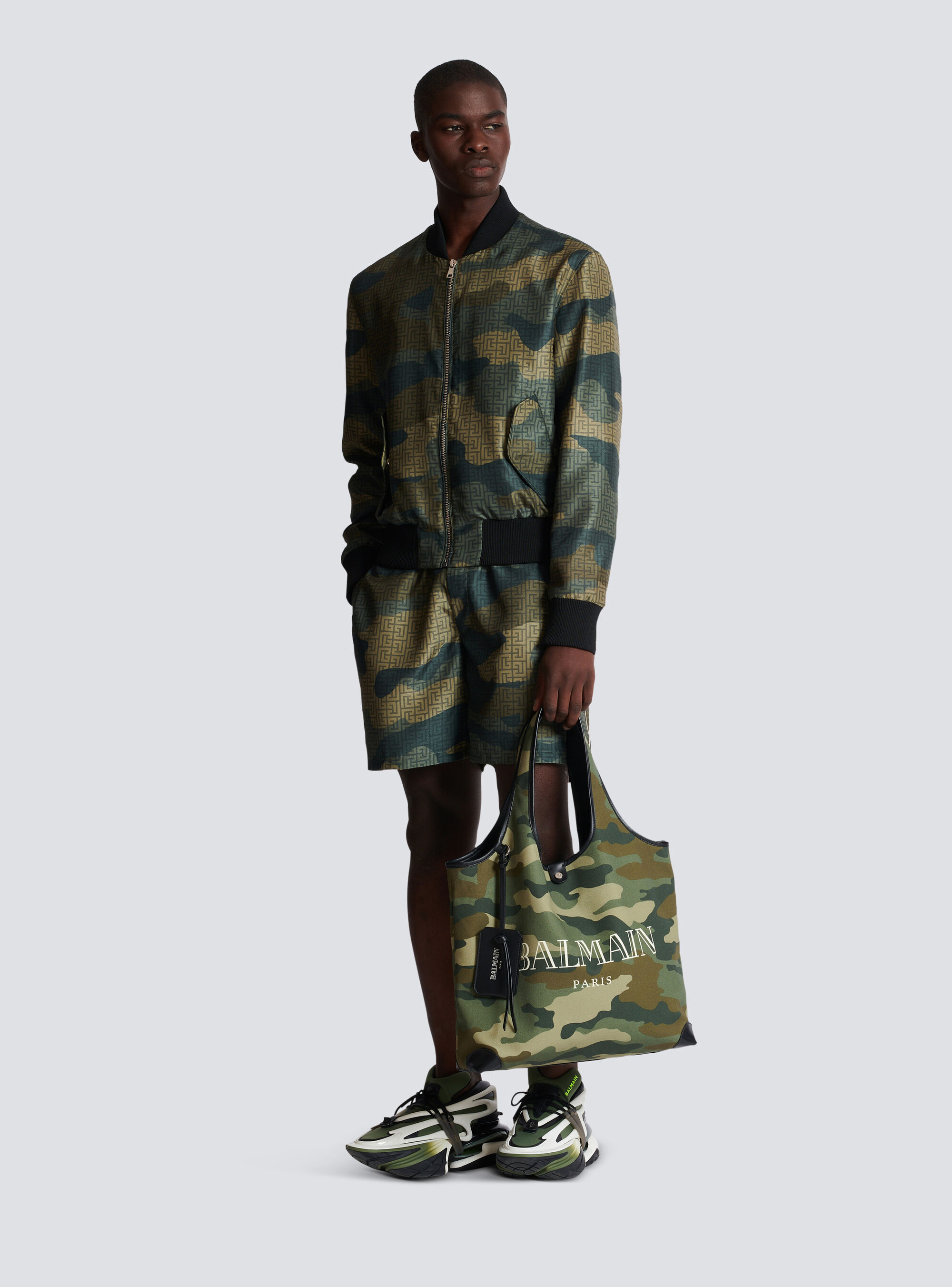 Balmain Monogram Camouflage-print Bomber Jacket In Gray