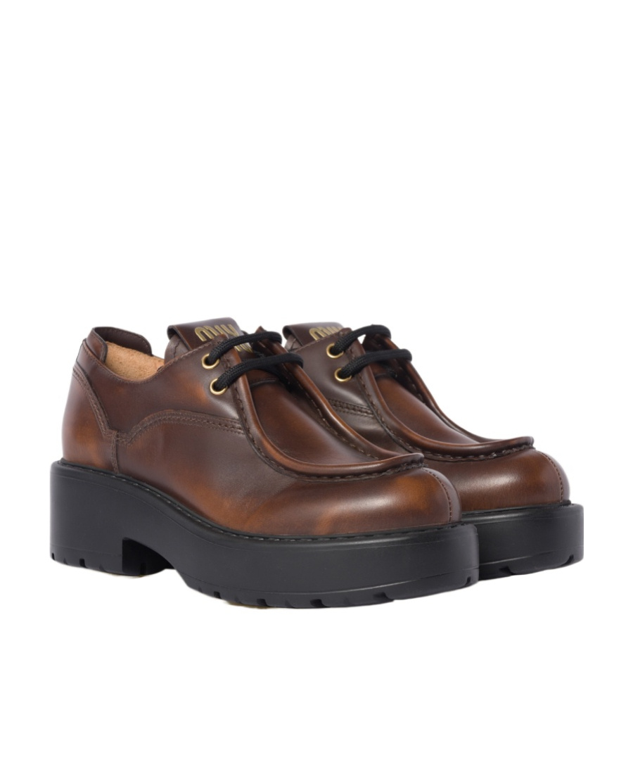 Miu Miu Logo-patch Leather Loafers In Brown