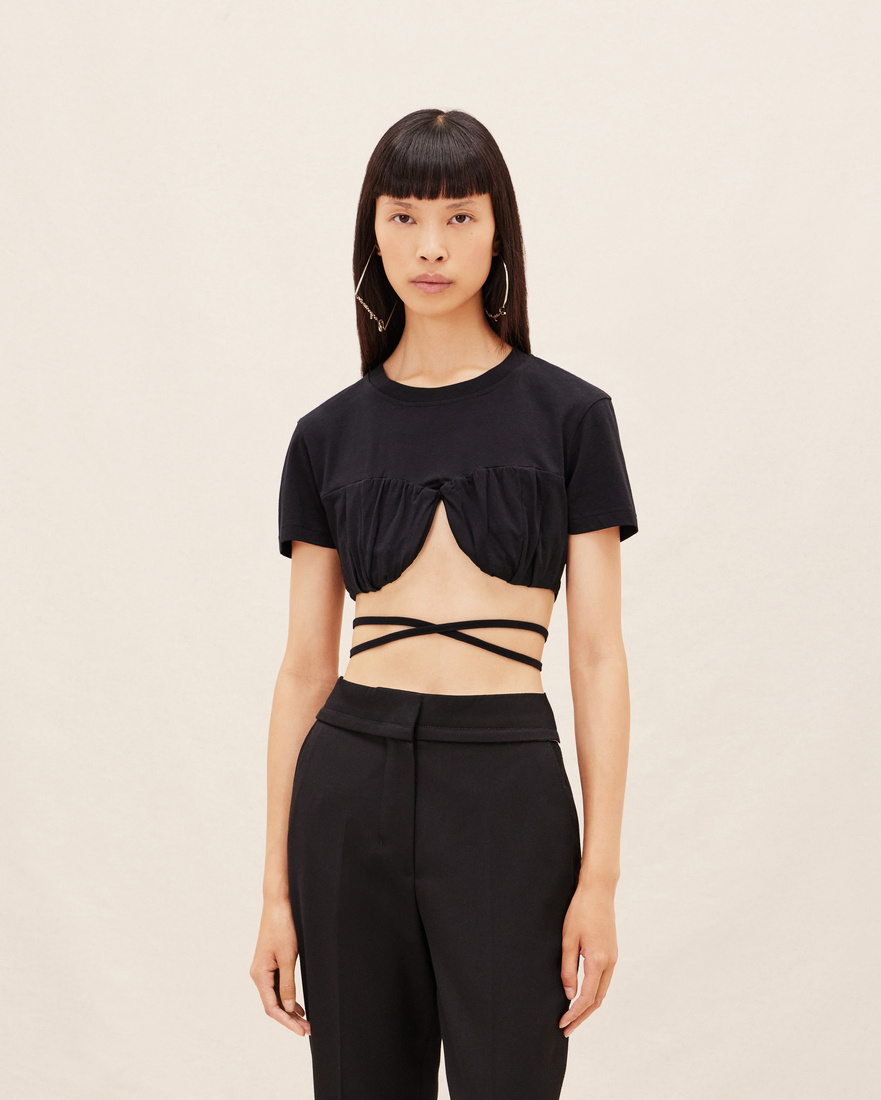 Jacquemus Wraparound Cropped T-shirt In Black