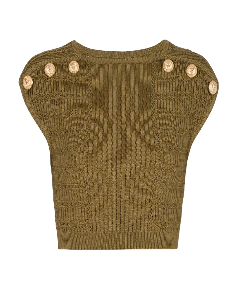 Balmain Knitted Button-detail Cropped Top In Green