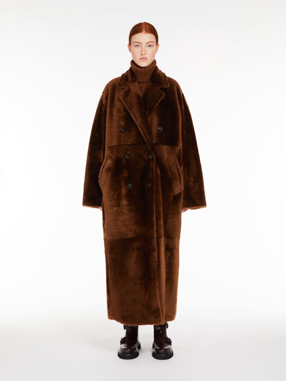 Max Mara Tanga Double-breasted Shearling Coat In Brown