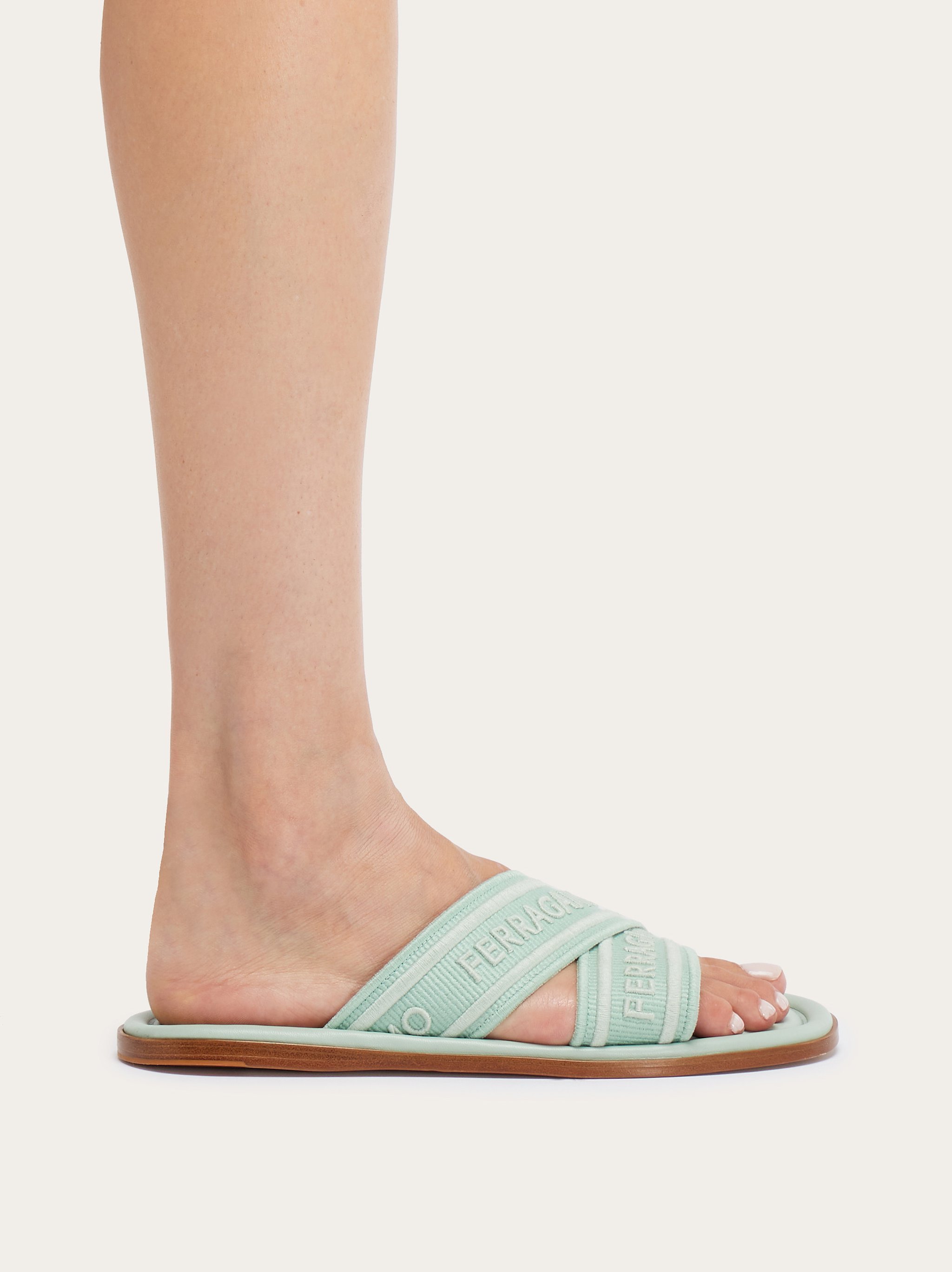 Ferragamo Laurene Logo Cotton Flat Sandals In Green