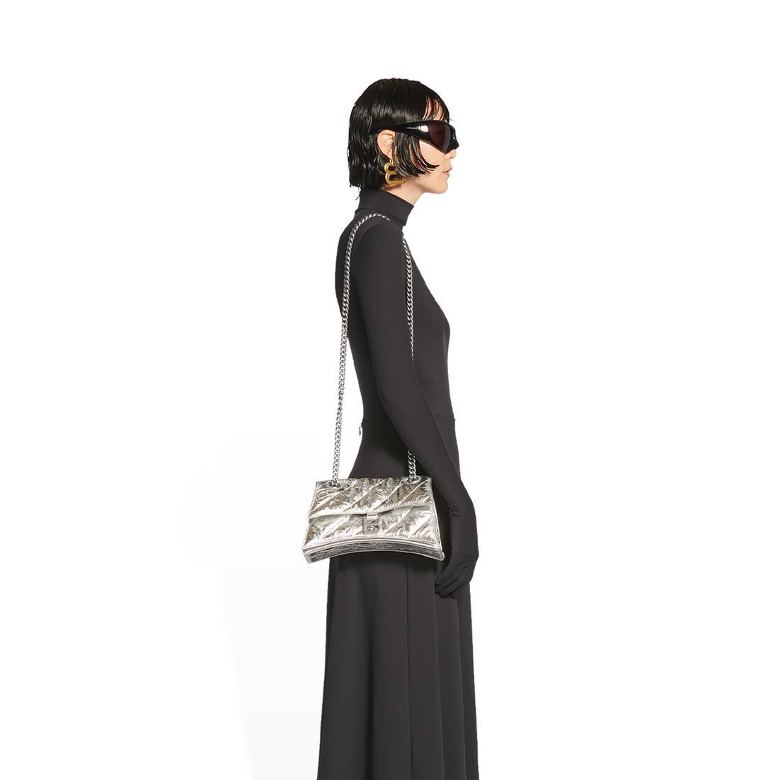 BALENCIAGA BORSA CRUSH PICCOLA TRAPUNTATA E METALLIZZATA CON CATENA DA DONNA IN ARGENTO