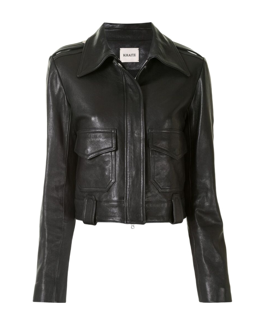 Khaite Cropped Lamb Nappa Leather Jacket With Pointed Collar In Black