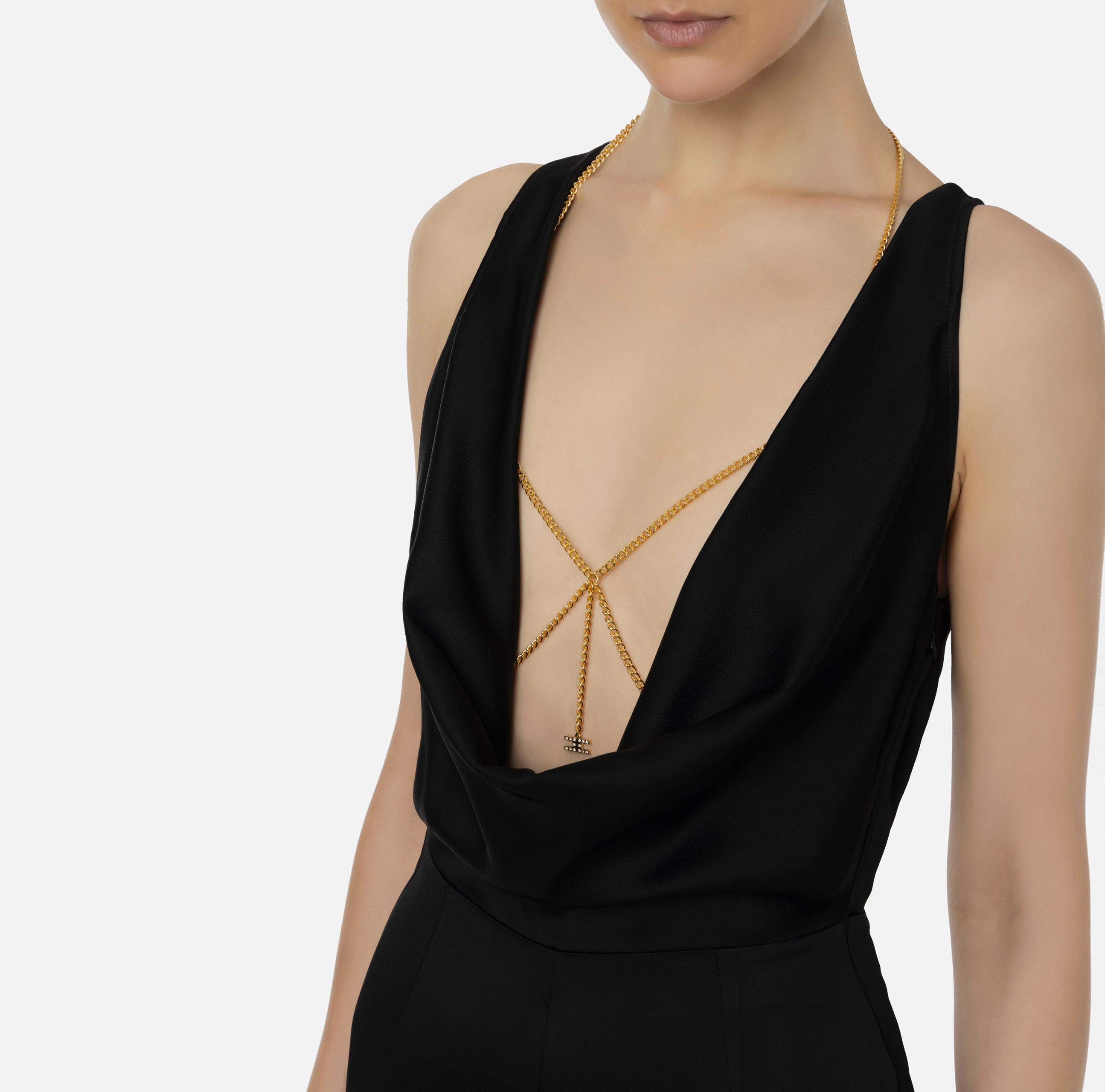 Elisabetta Franchi Cowl Neck Body-chain Jumpsuit In Black