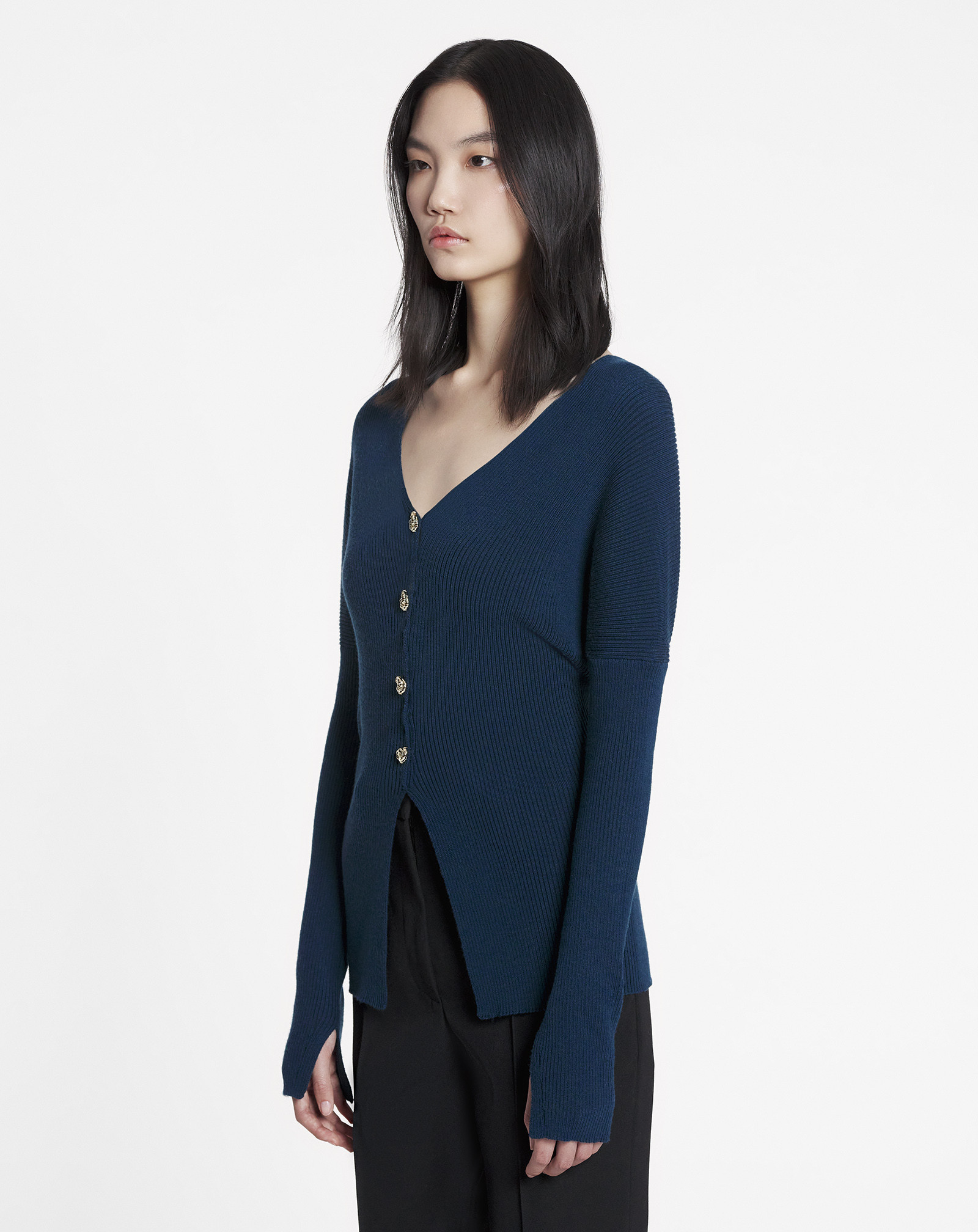 Lanvin Petrol Blue In Stretch Wool Blend Cardigan In Blue