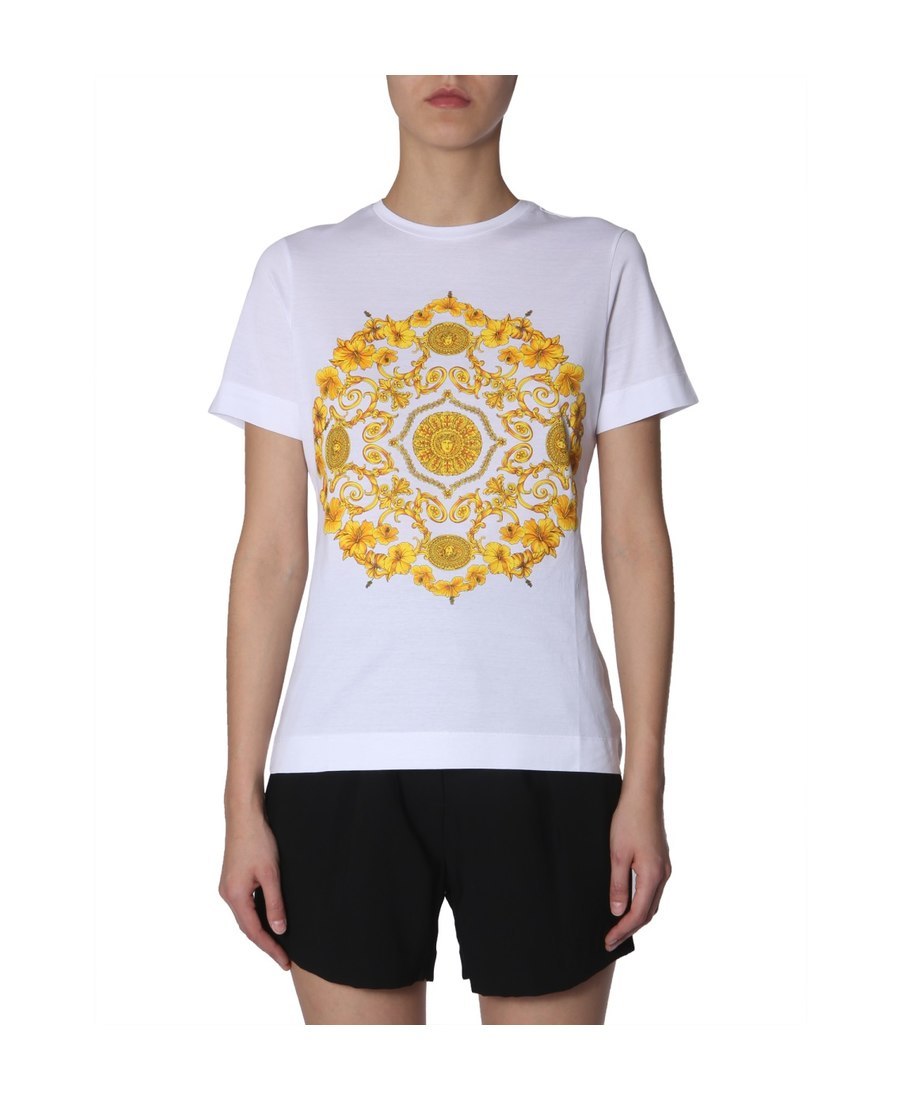 Versace White Hibiscus Printed T-shirt In White