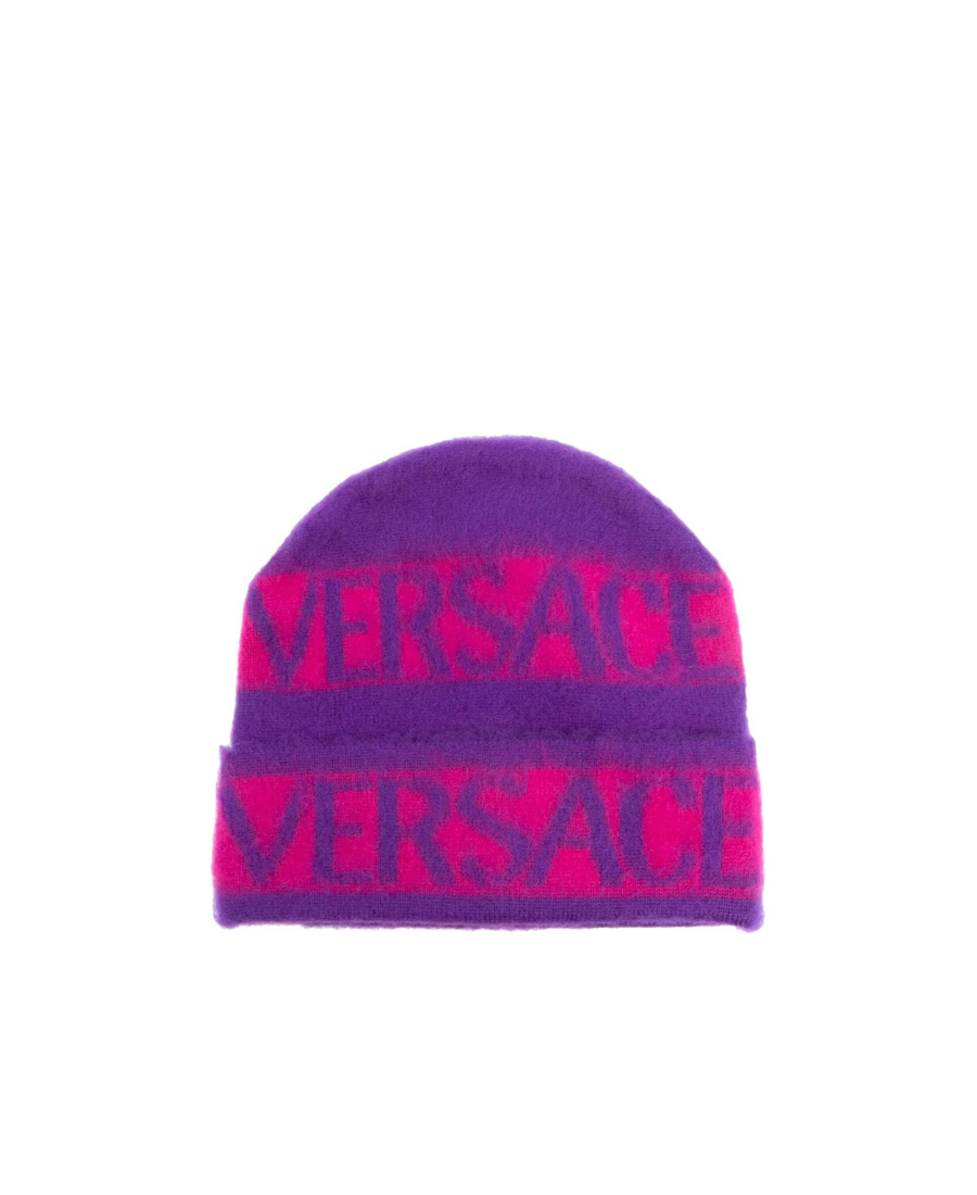 Versace Logo-print Virgin Wool Beanie In Purple
