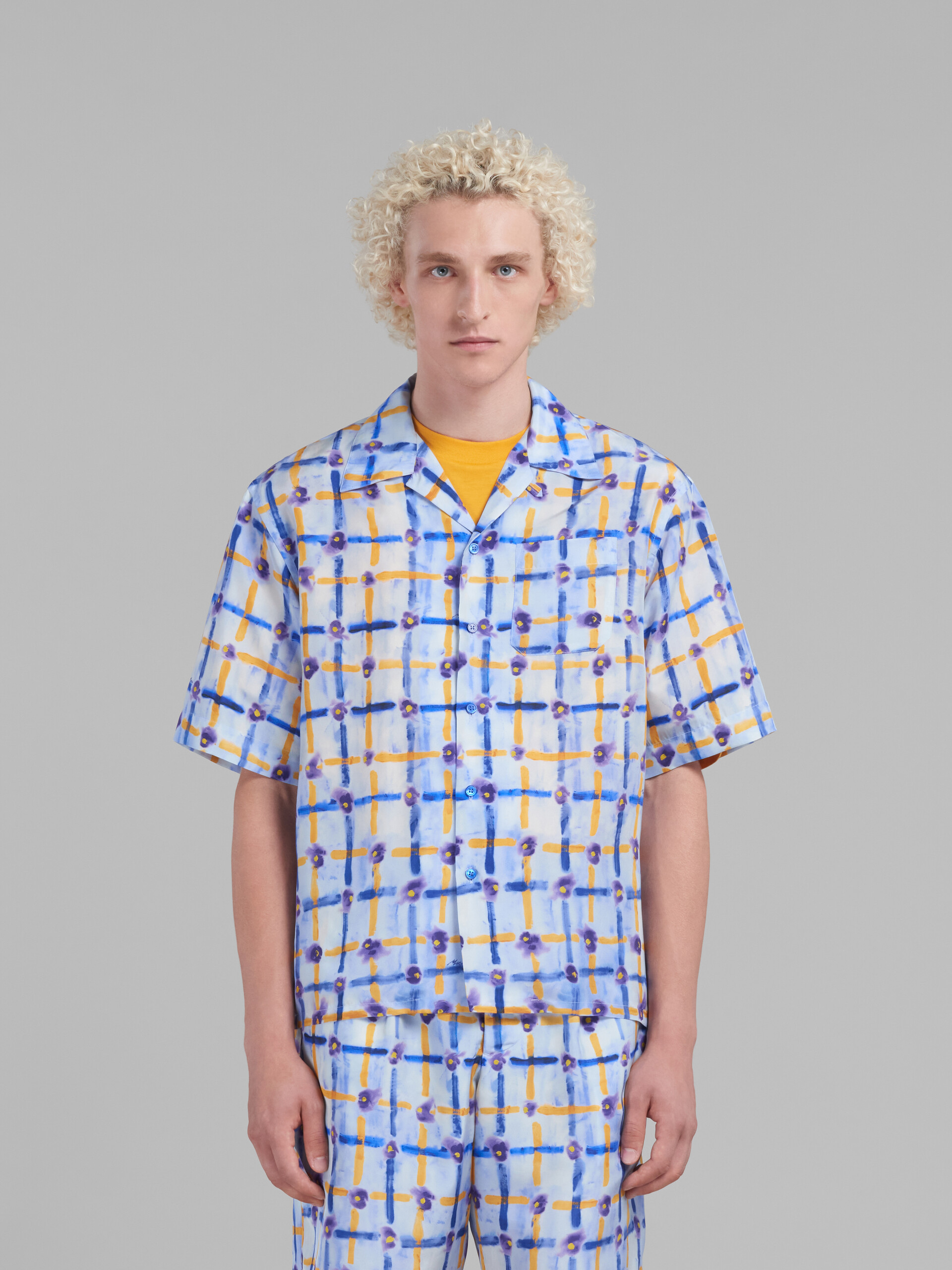 Marni Mens Habotai Silk Saraband Print Bowling Shirt In Blue/yellow
