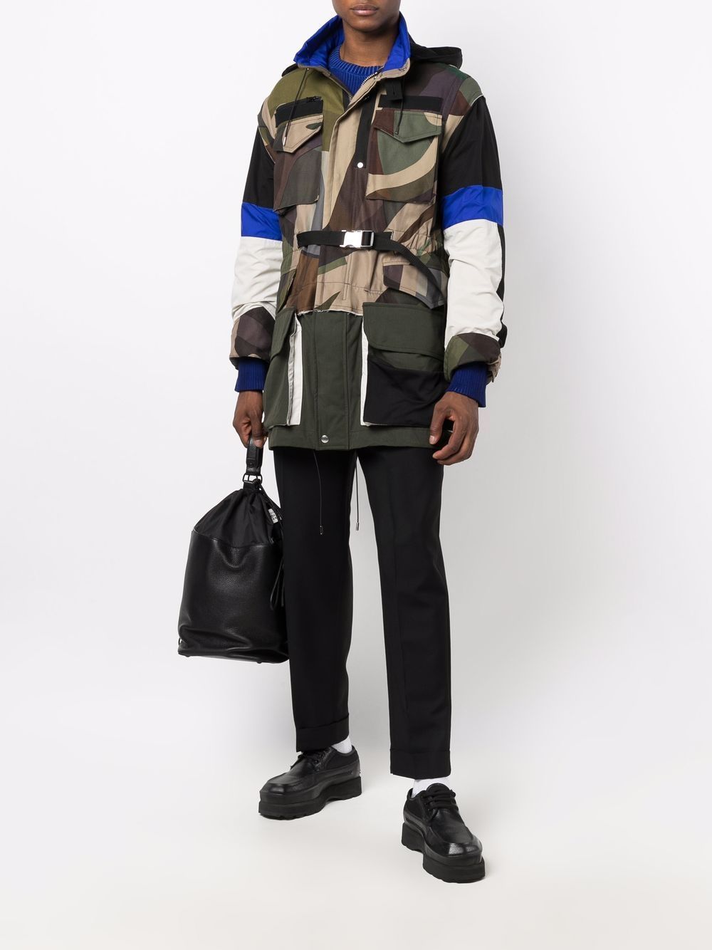 Sacai Abstract-print Colour-block Parka In Black
