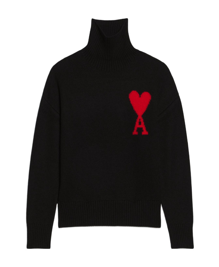 Ami Alexandre Mattiussi Ami Paris Funnel-neck Sweater With Heart Intarsia Design In Black