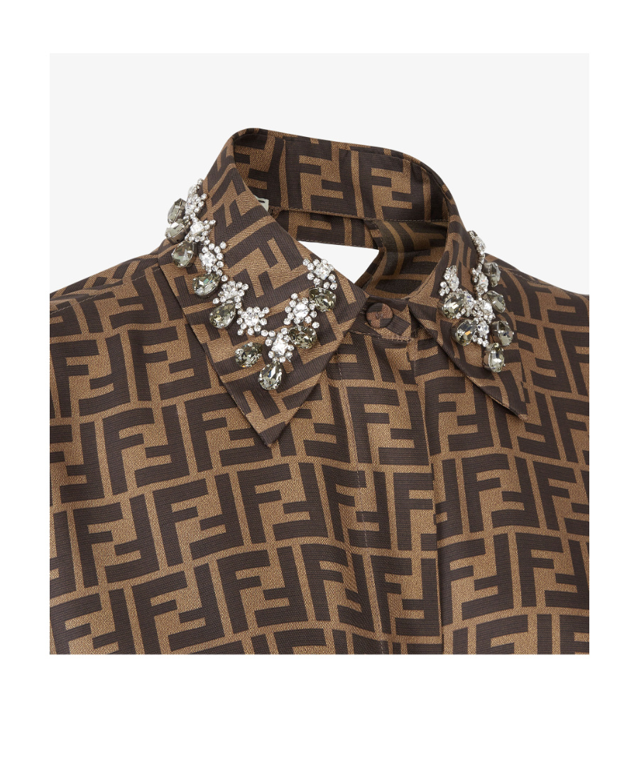 Fendi Silk Shirt With Curved Hem And Fabric-covered Buttons In Brown
