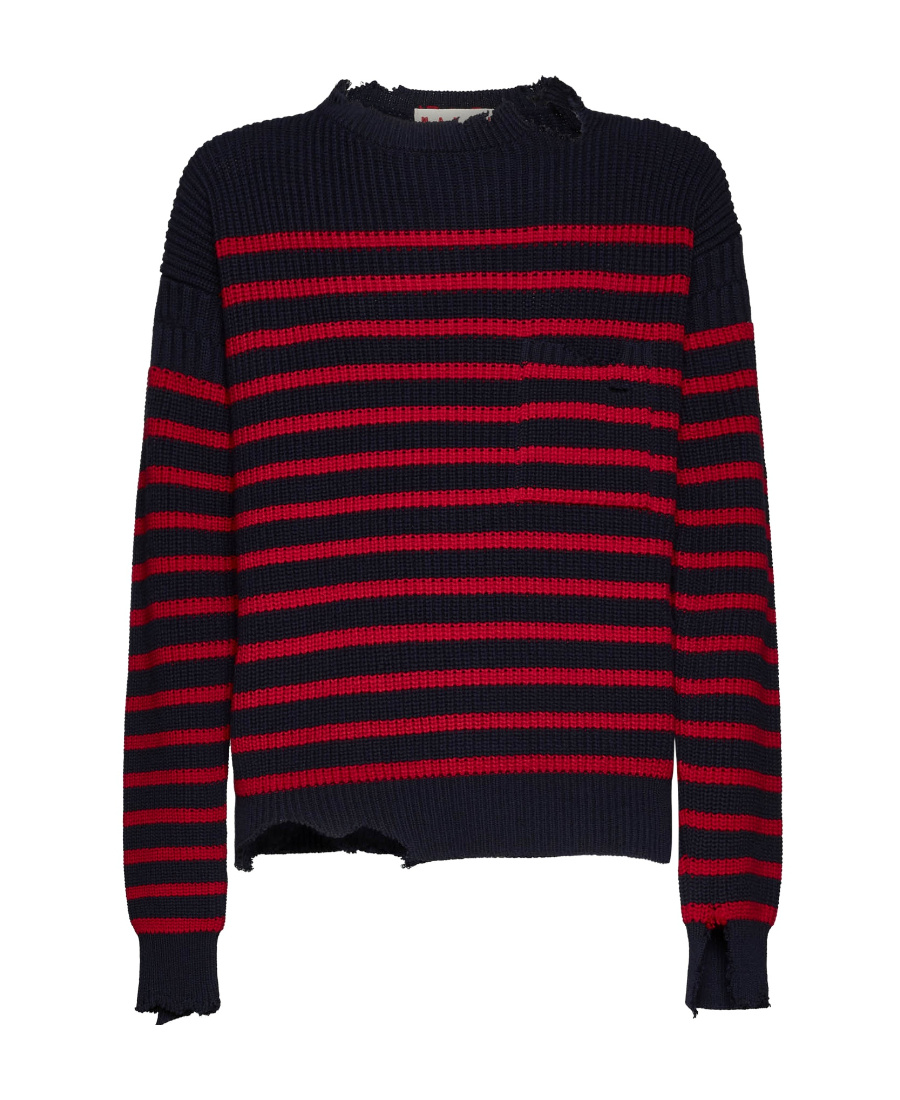 Marni Sailor Striped Distressed Crewneck Sweater In Black