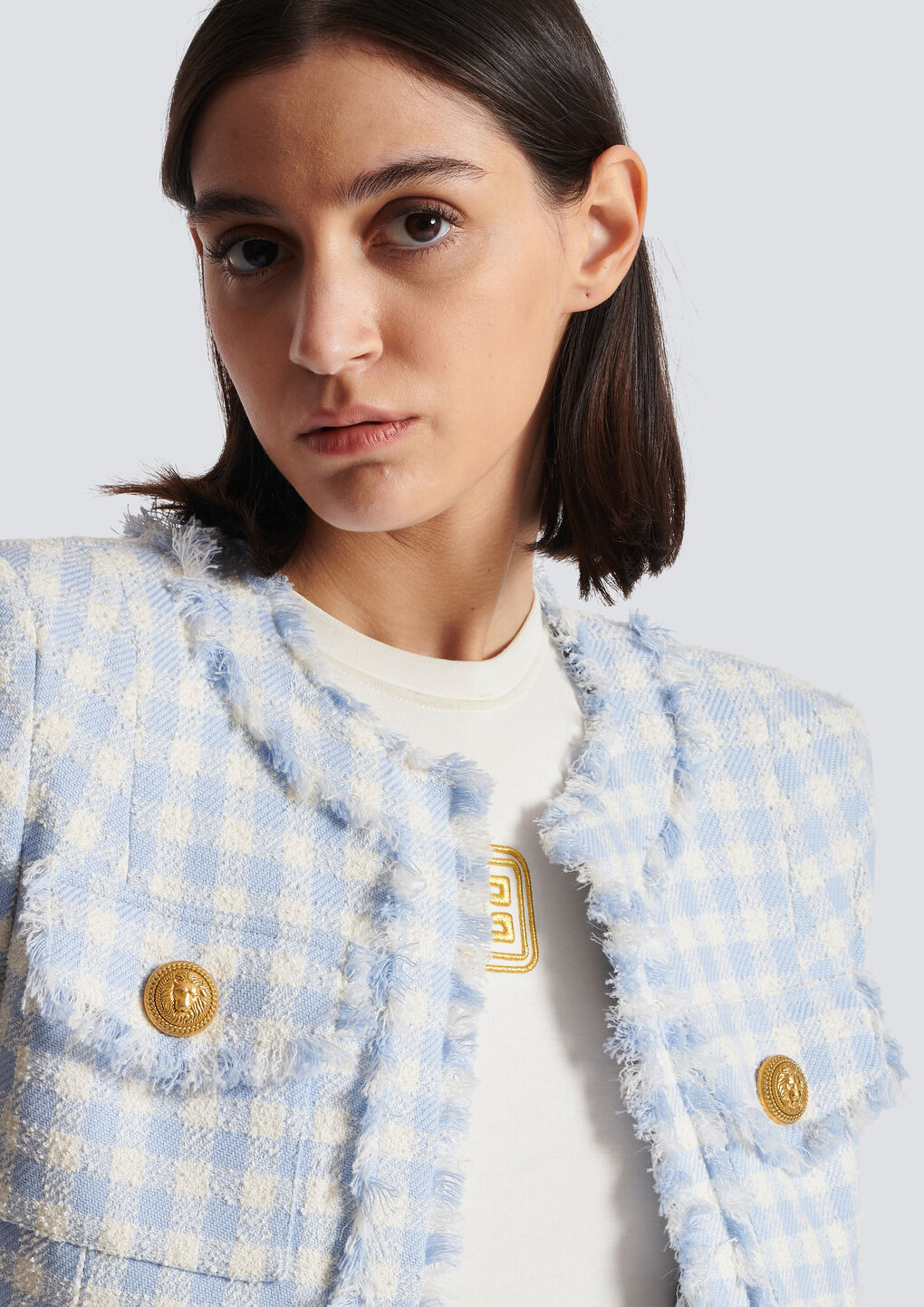 Balmain Blue Plaid Cropped Tweed Jacket In White
