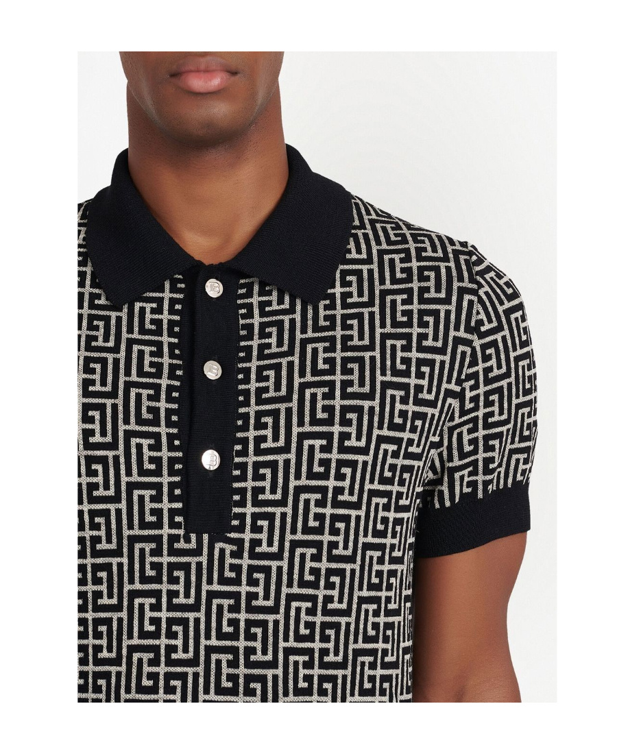 Balmain Monogram Pattern Polo With Classic Collar In Black