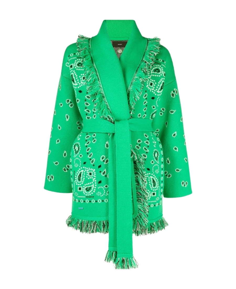Alanui Jacquard Bandana Fringe Belted Cardigan In Green