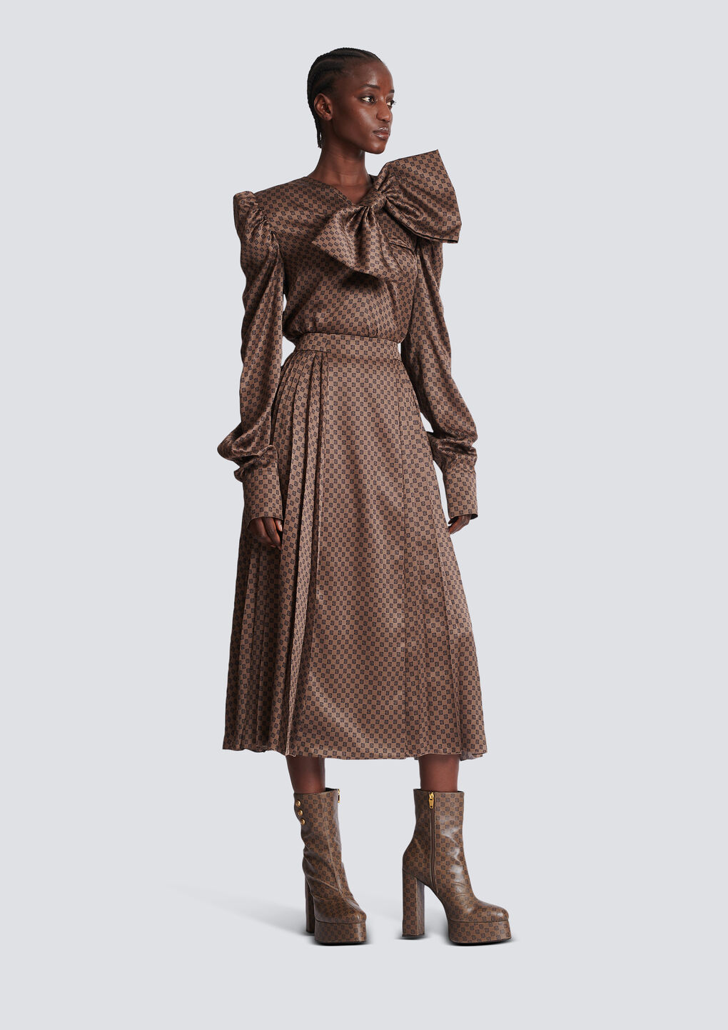 Balmain Monogram-print Pleated Midi Skirt In Brown