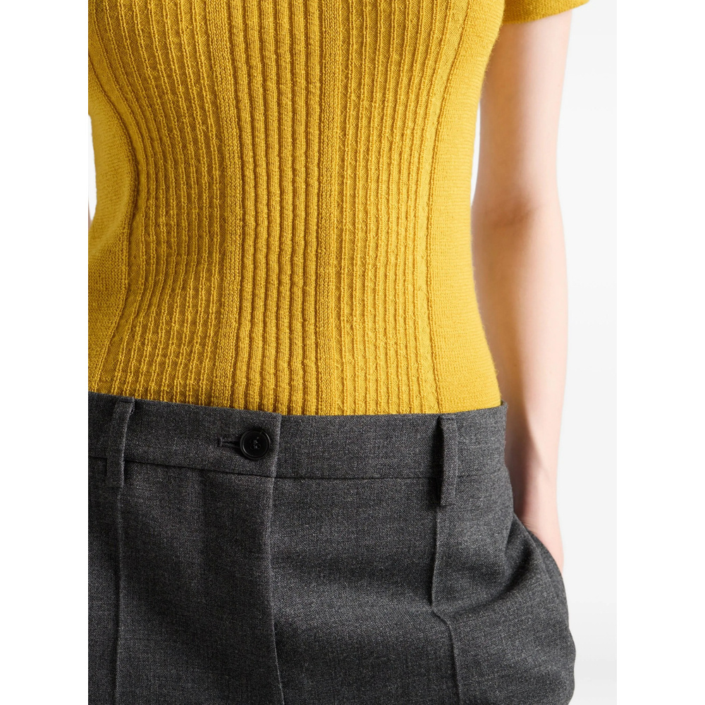 Prada Chain Embroidered Wool Knit Short-sleeve Sweater In Yellow