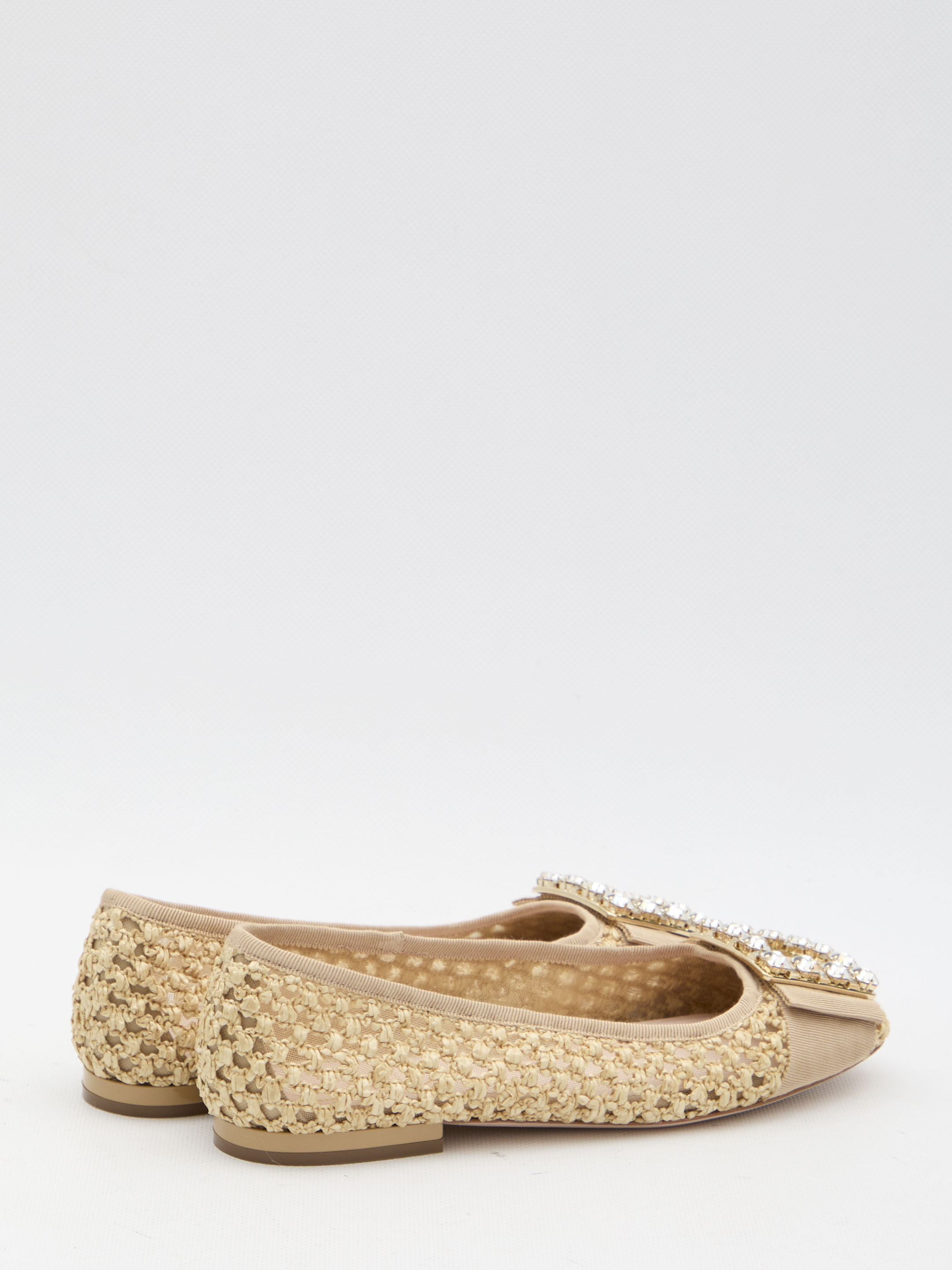 Roger Vivier Tres Vivier Raffia Strass Ballerina Flats In Nude