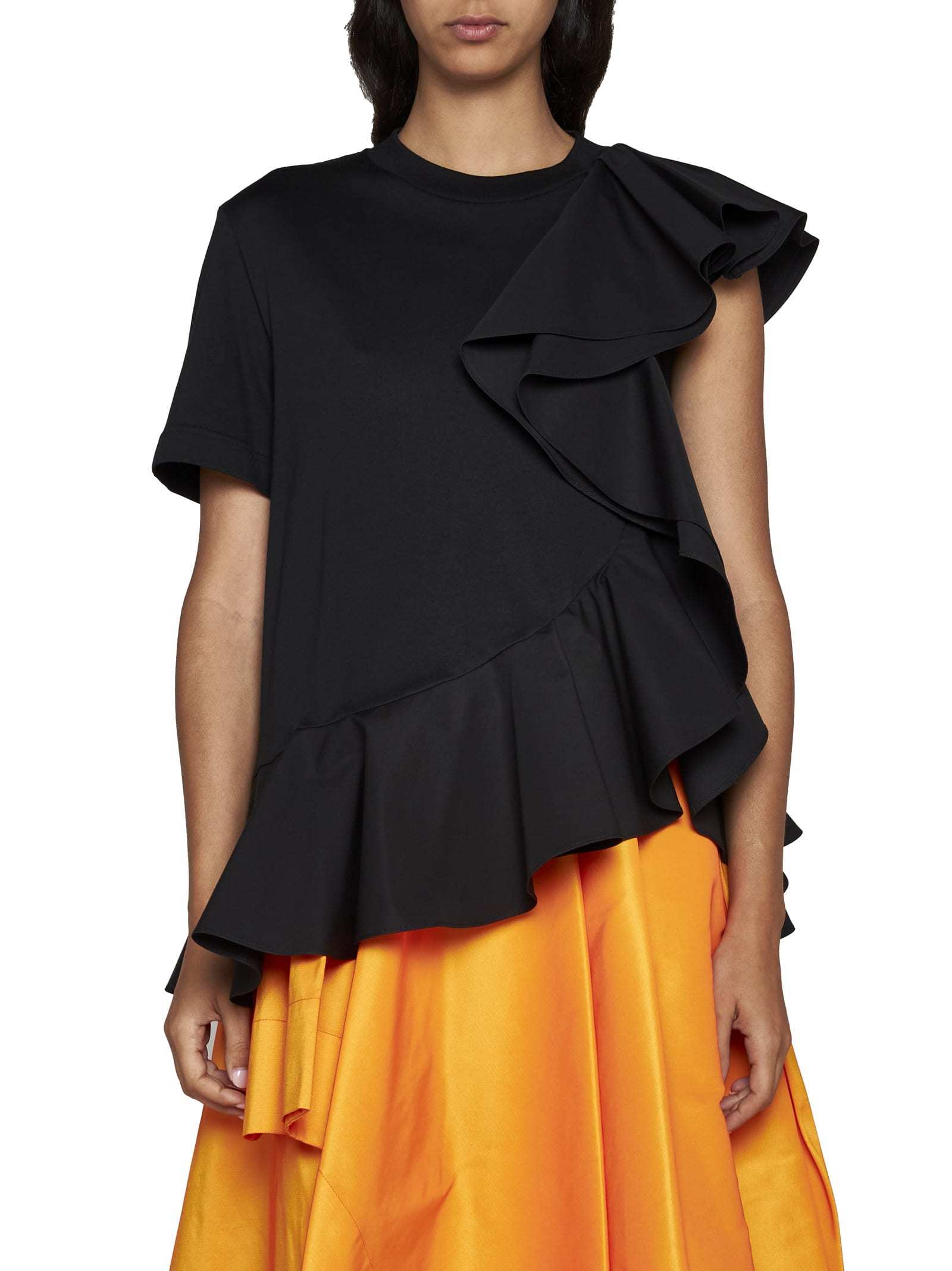 Alexander Mcqueen Mixed Media Ruffle Detail Cotton Top In Black