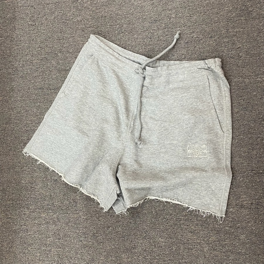 Ganni Embroidered-logo Drawstring Shorts In Gray
