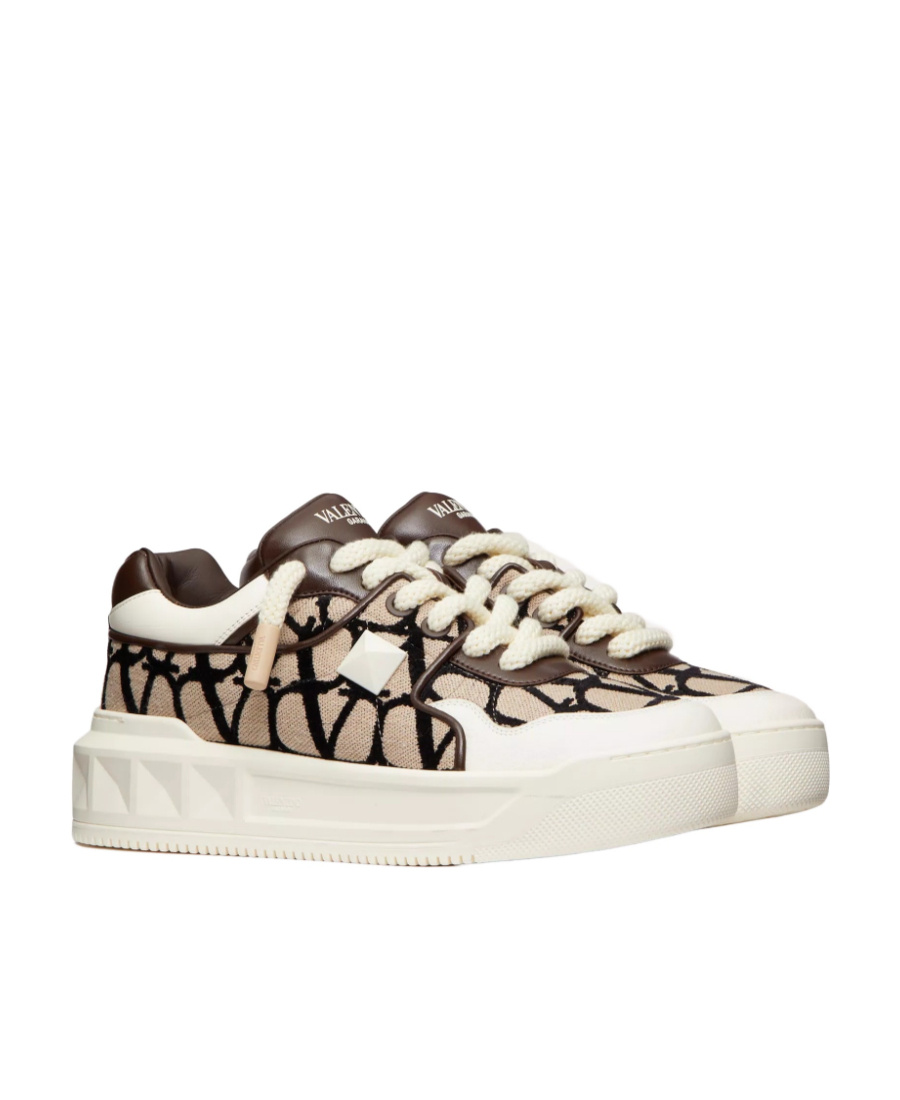 Valentino Garavani One Stud Xl Low-top Trainer In Nappa Leather And Toile Iconographe Fabric In Multicolor