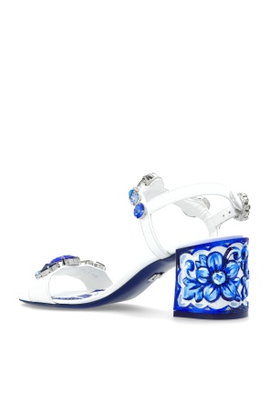 Dolce & Gabbana Patent Leather Sandals With Embroidery And Painted Heel In Blue