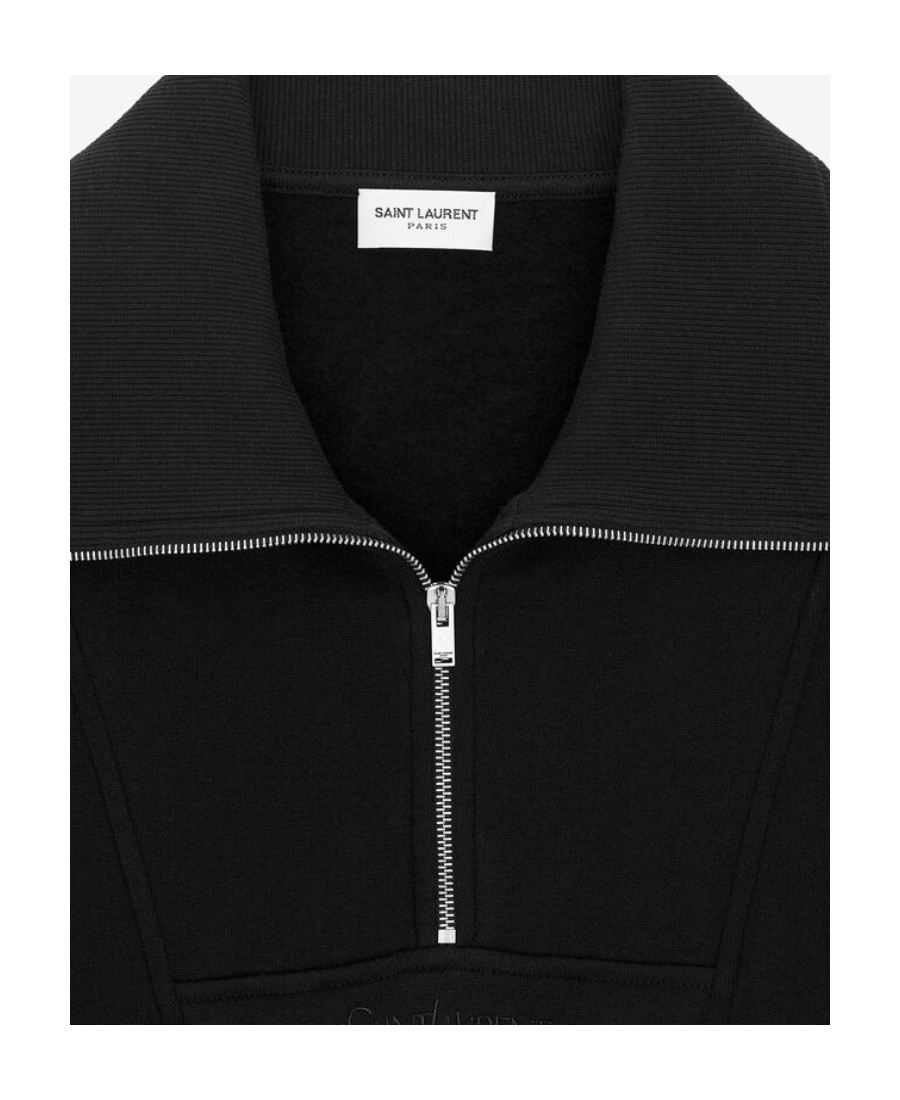 Saint Laurent Embroidered Logo Half Zip Soft Fleece Sweatshirt In Black