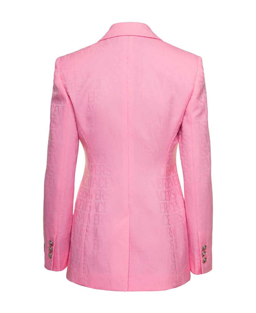 Versace Pink Single-breasted Jacket With All-over Tonal Logo Lettering Print In Pink