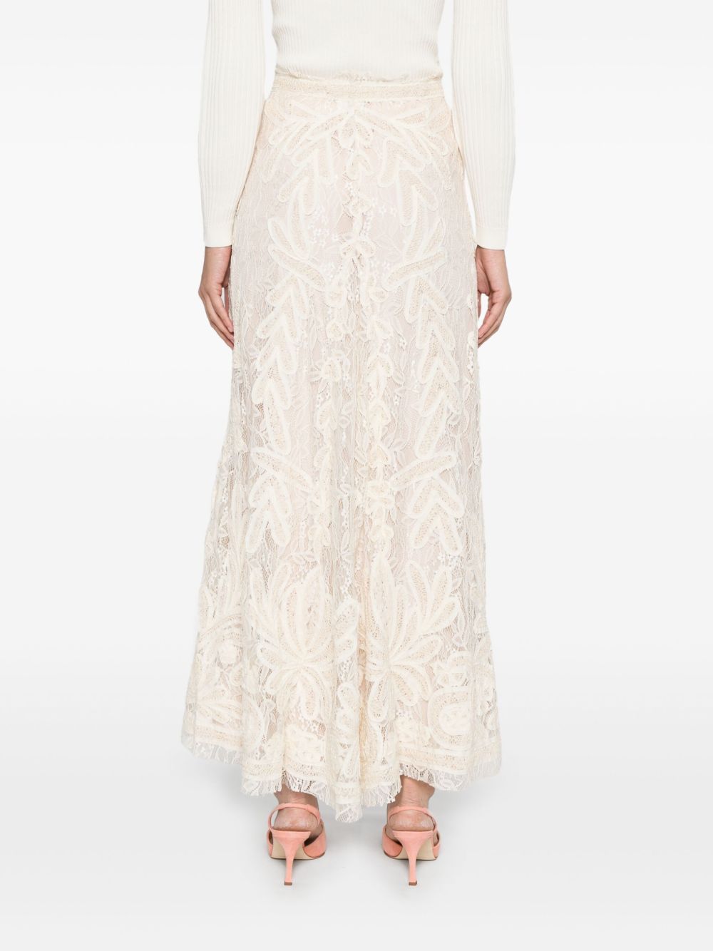 P.a.r.o.s.h Lace Floral Midi Skirt In Beige
