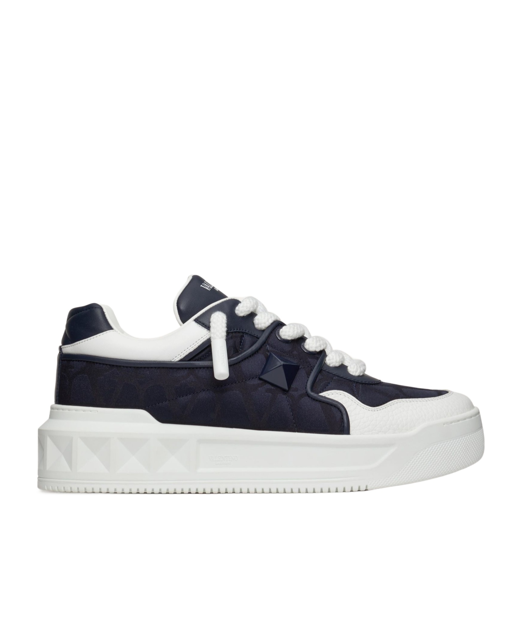 Valentino One Stud Xl Low-top Sneaker In Nappa Leather And Jacquard Toile Iconographe Technical Fabric In White