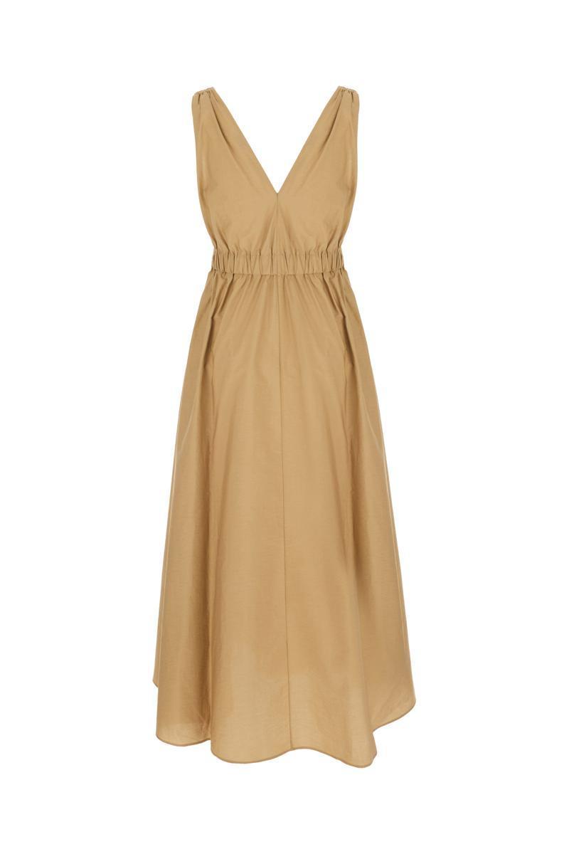 Brunello Cucinelli Popeline Dress With A-line Silhouette And Belted Waist In Brown