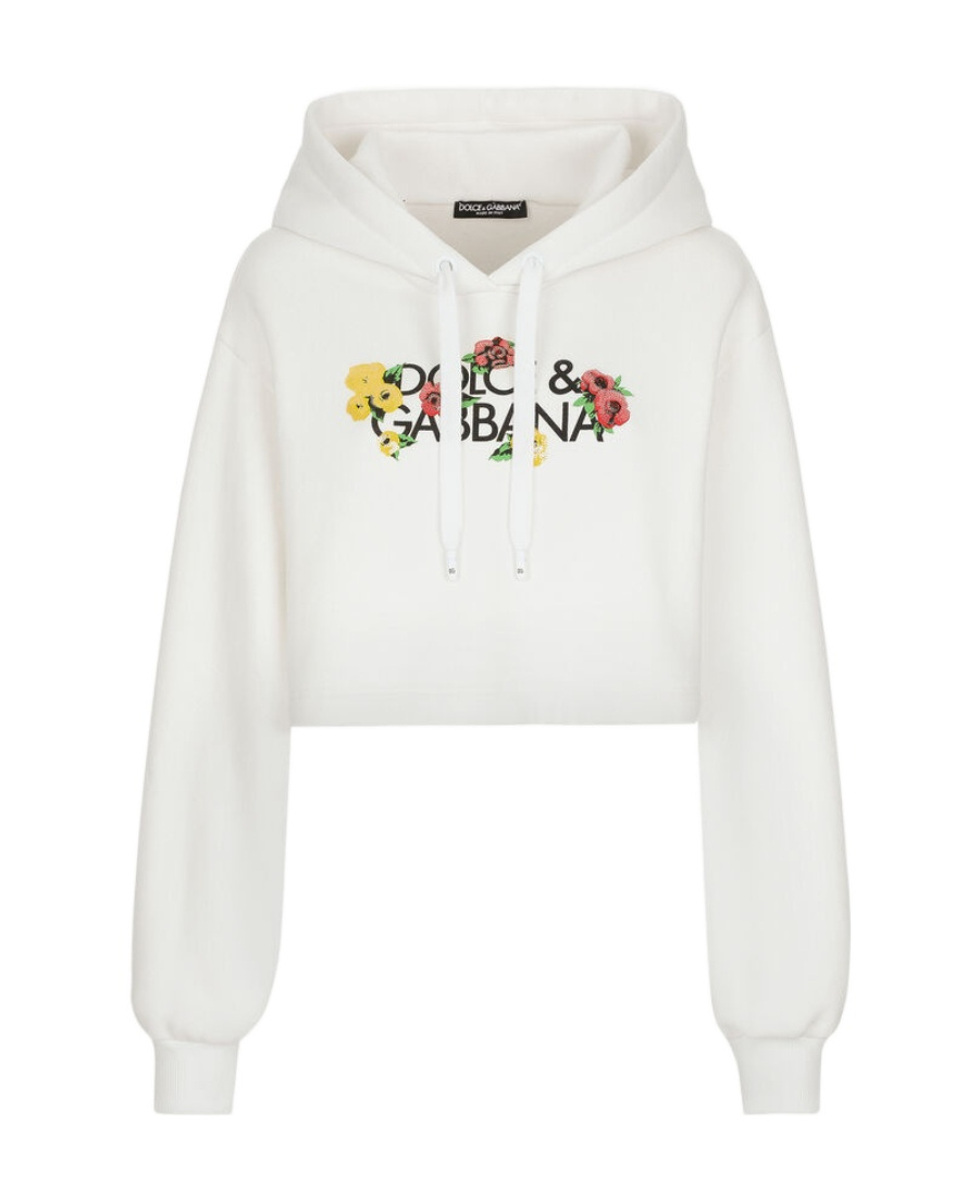 Dolce & Gabbana Floral Logo-print Cropped Cotton Hoodie In White