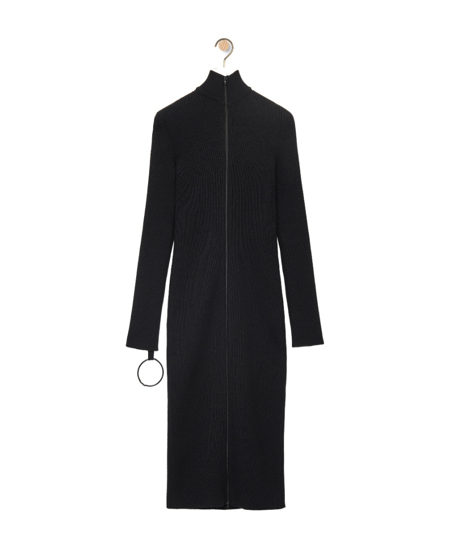 Loewe Zip Up Midi Dress In Wool In Black