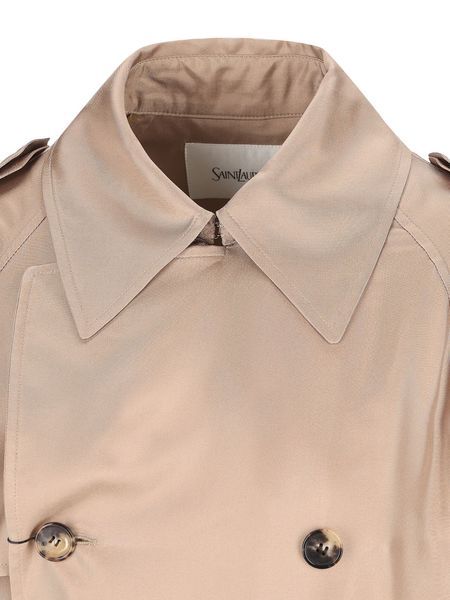 Saint Laurent Double-breasted Belted Coat In Nude