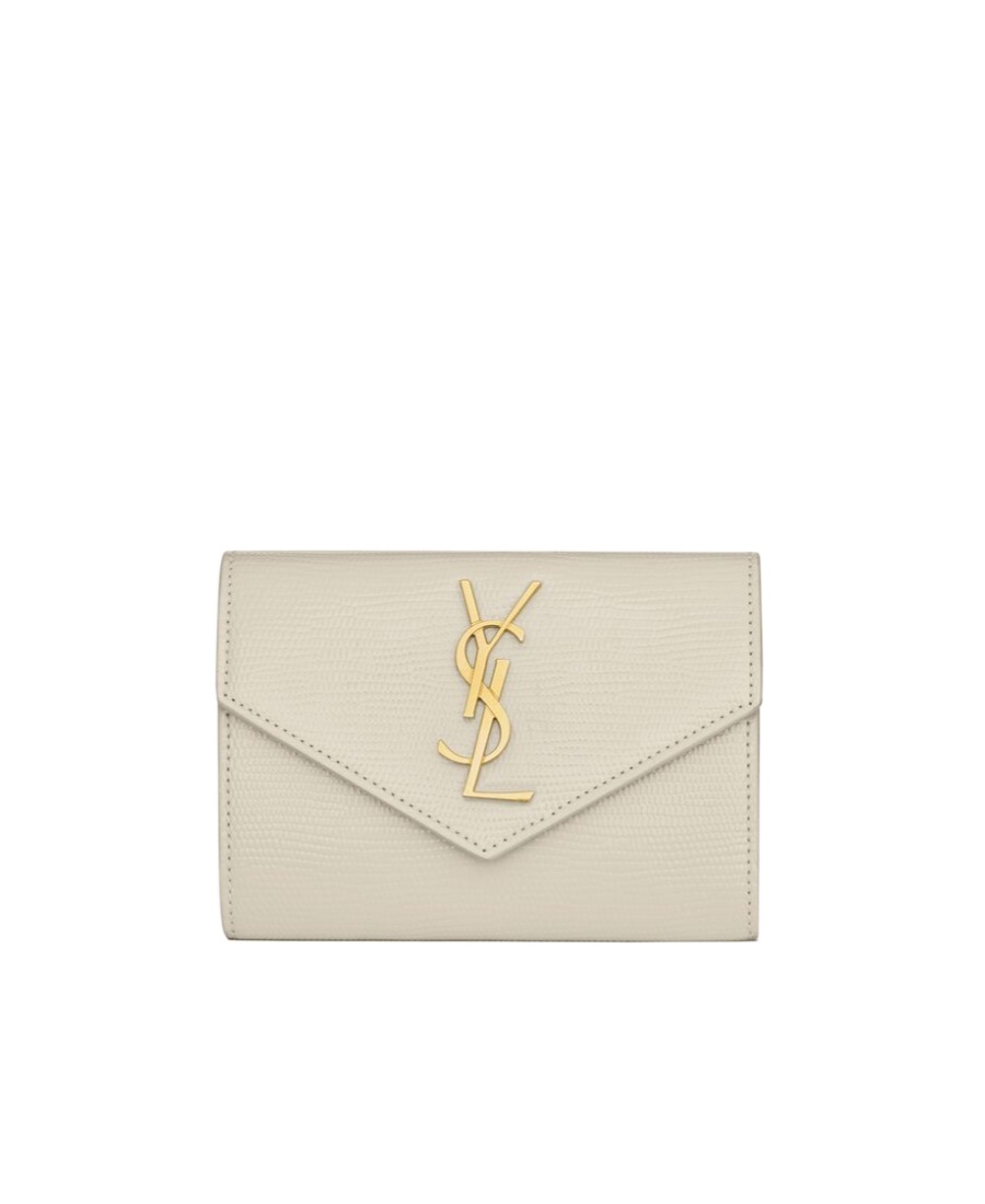 Saint Laurent Cassandre  Small Envelope Wallet In Lizard-embossed Leather In White