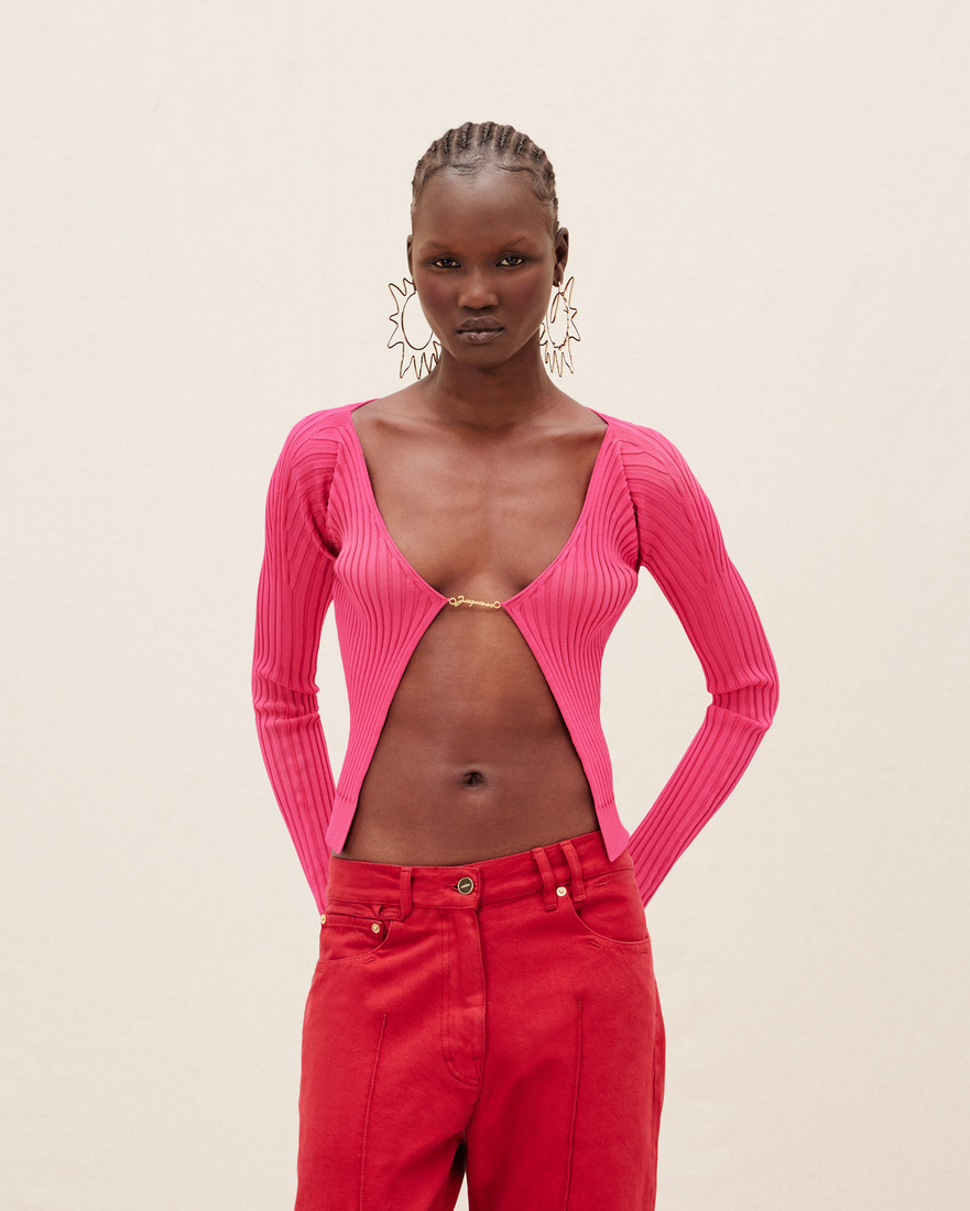 Jacquemus Pralù Cropped Embellished Ribbed-knit Cardigan In Pink