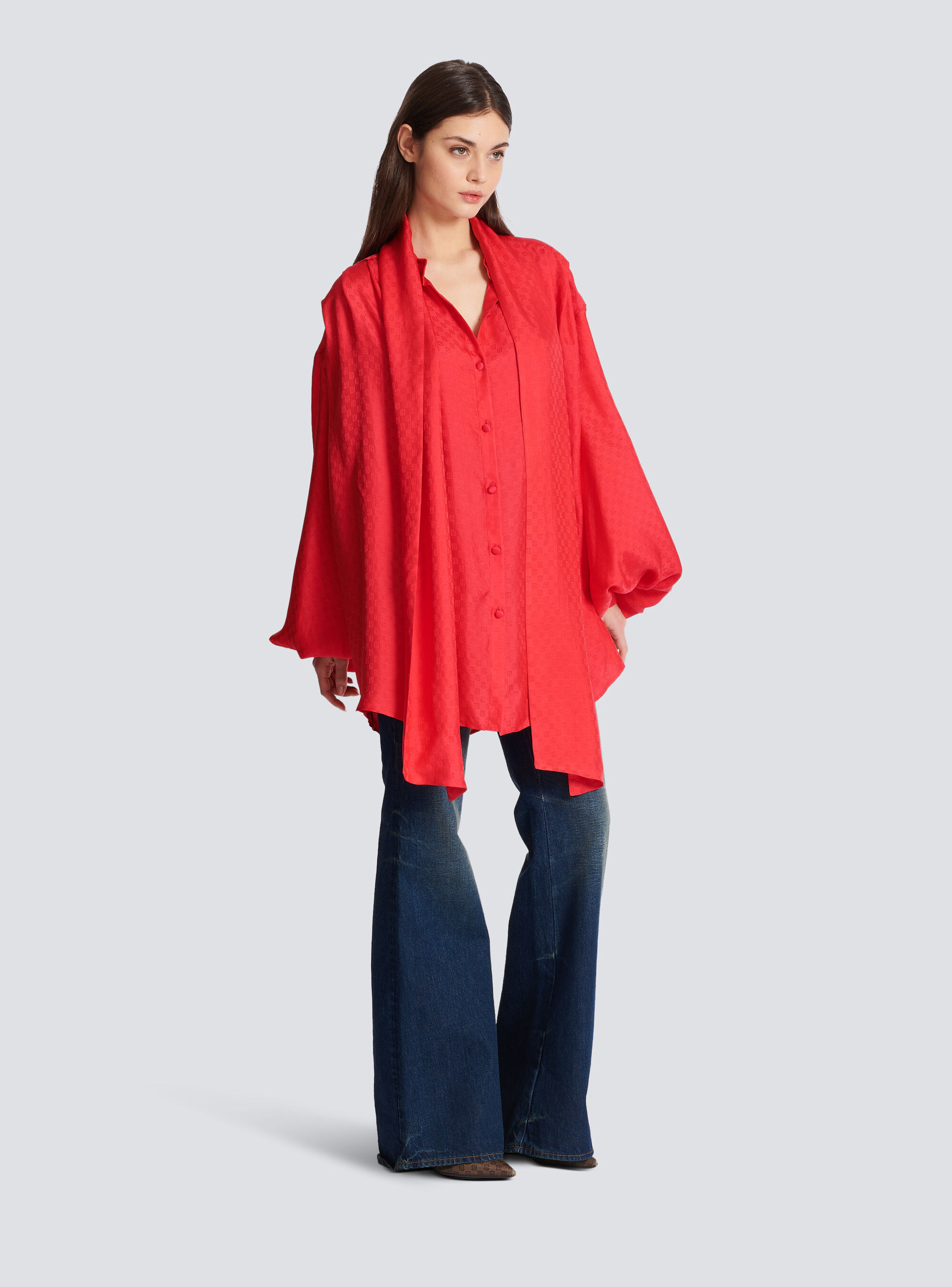 Balmain Monogram-jacquard Silk Shirt In Red