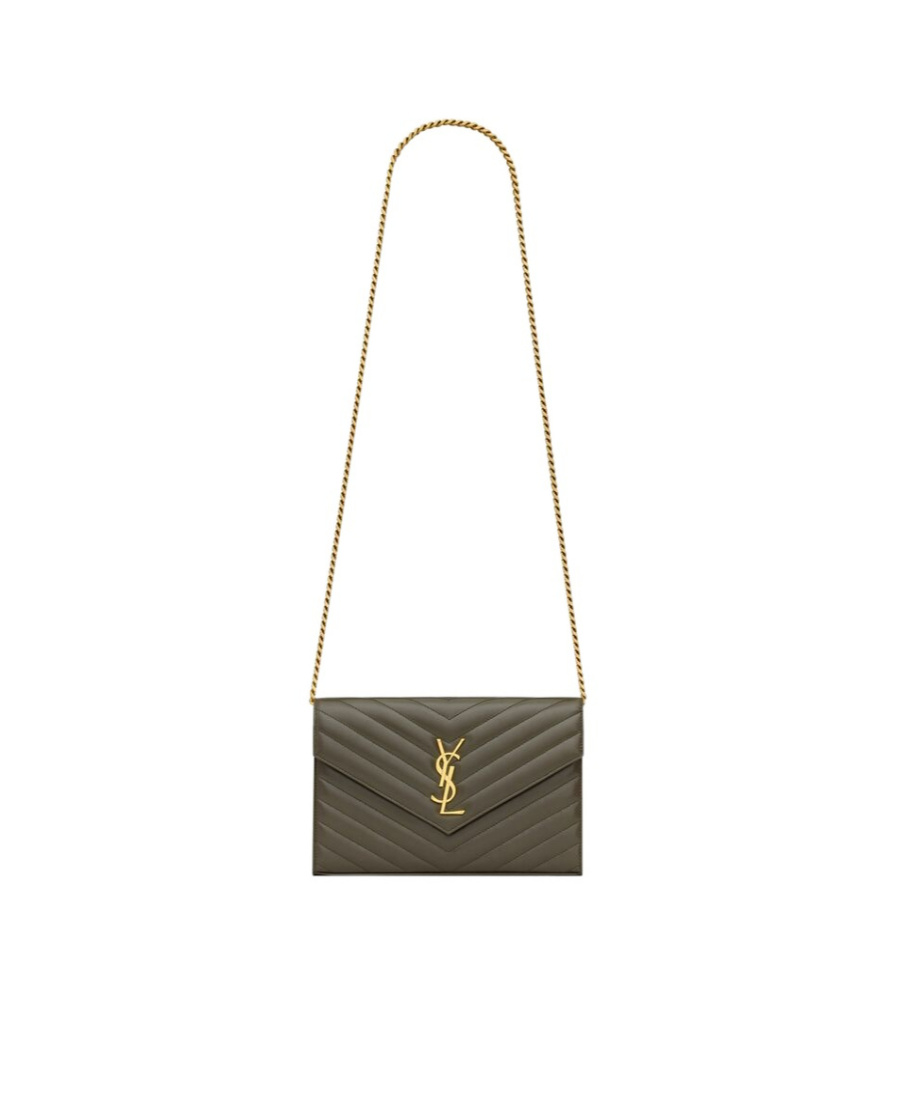 Saint Laurent Cassandre Envelope Leather Chain Wallet In Green