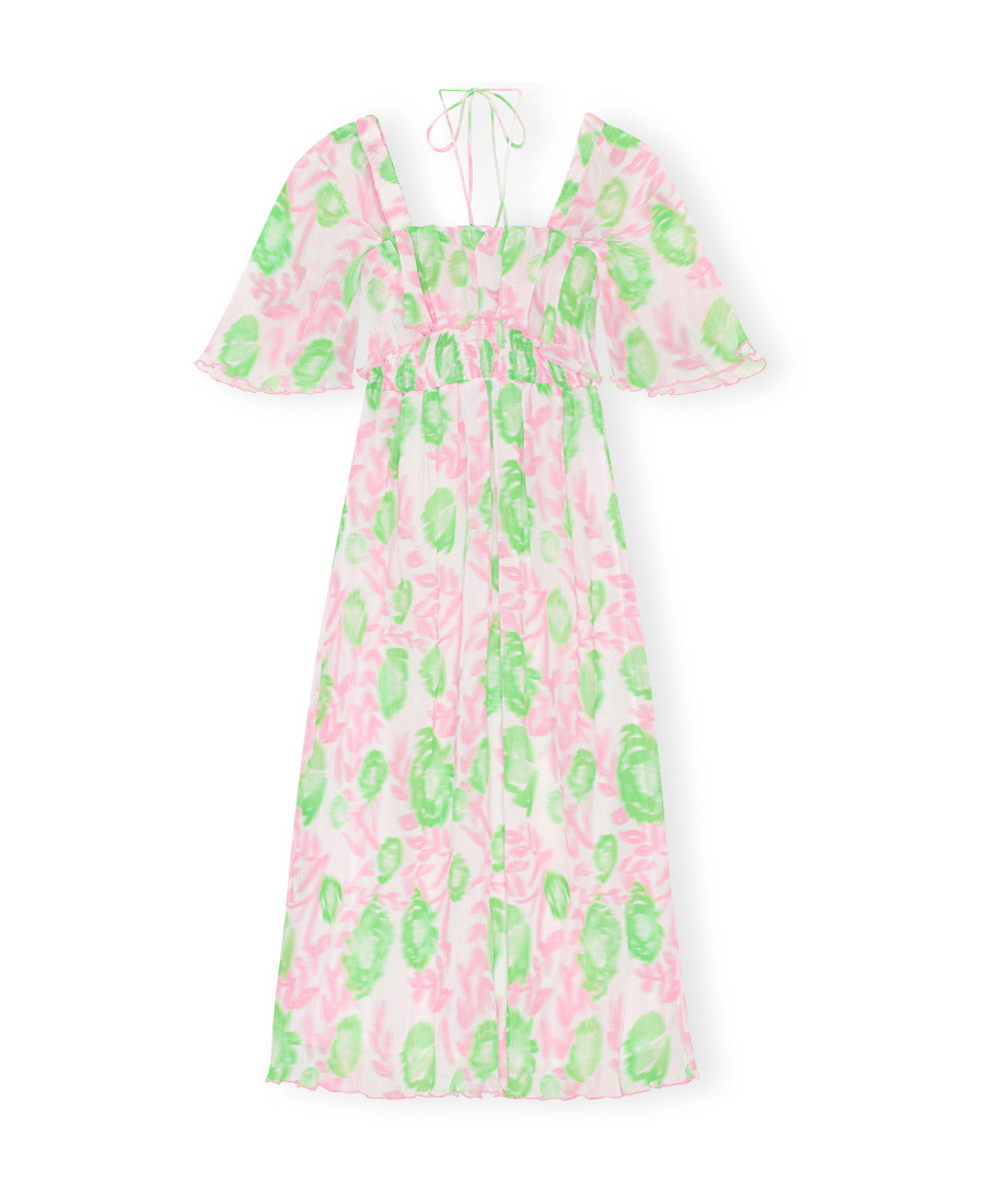 Ganni Short Sleeve Pleated Georgette Midi Smock Dress In Pink