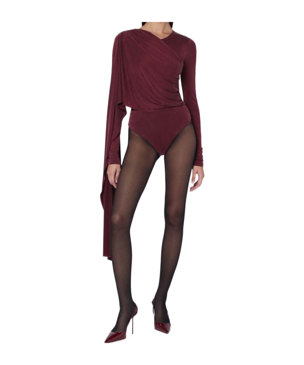 The Andamane Asymmetric Long Sleeve Bodysuit With Draped Detail In Red