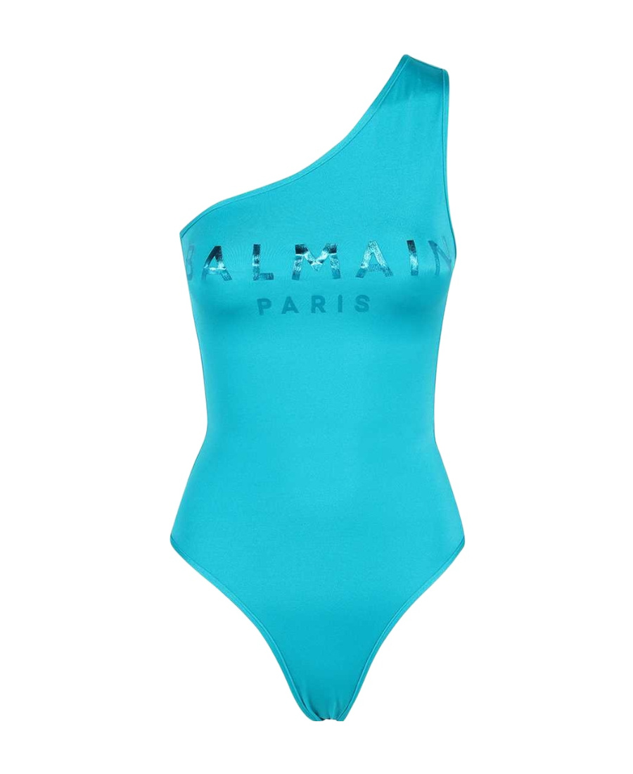 Balmain Logo-print One-shoulder Swimsuit In Blue