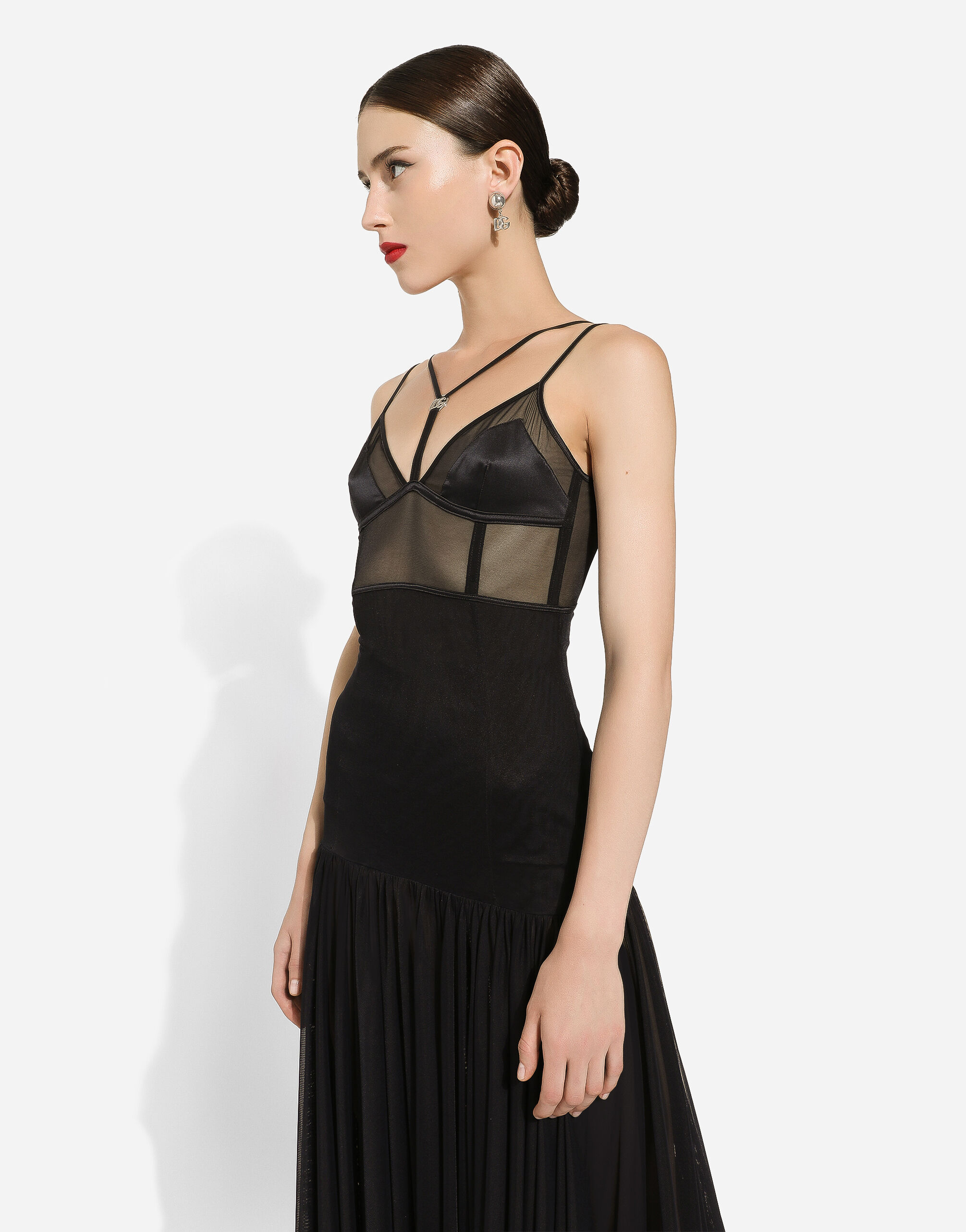 Dolce & Gabbana Dg-plaque Tulle Midi Dress In Black