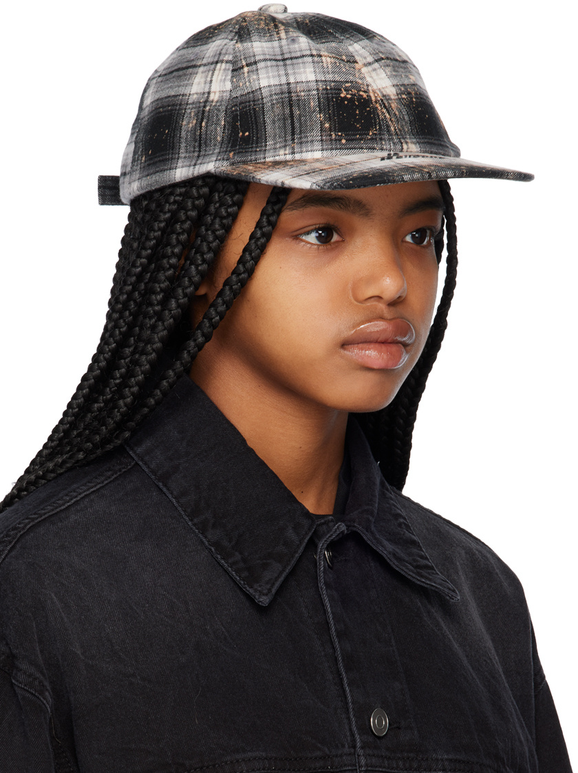 We11 Done Bleach-wash Checkered Cap In Black