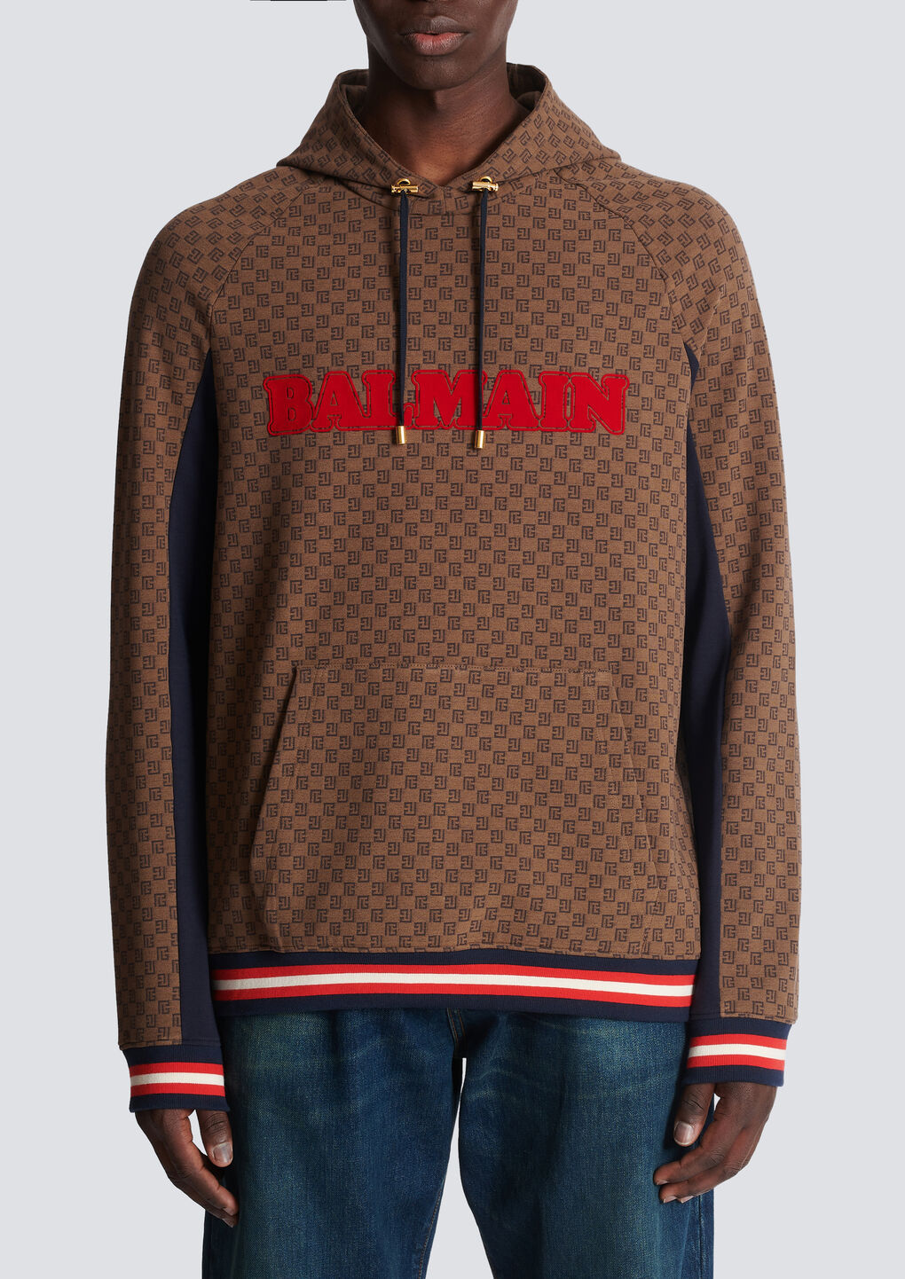 Shop Balmain Mini Monogram Jacquard Hoodie In Brown