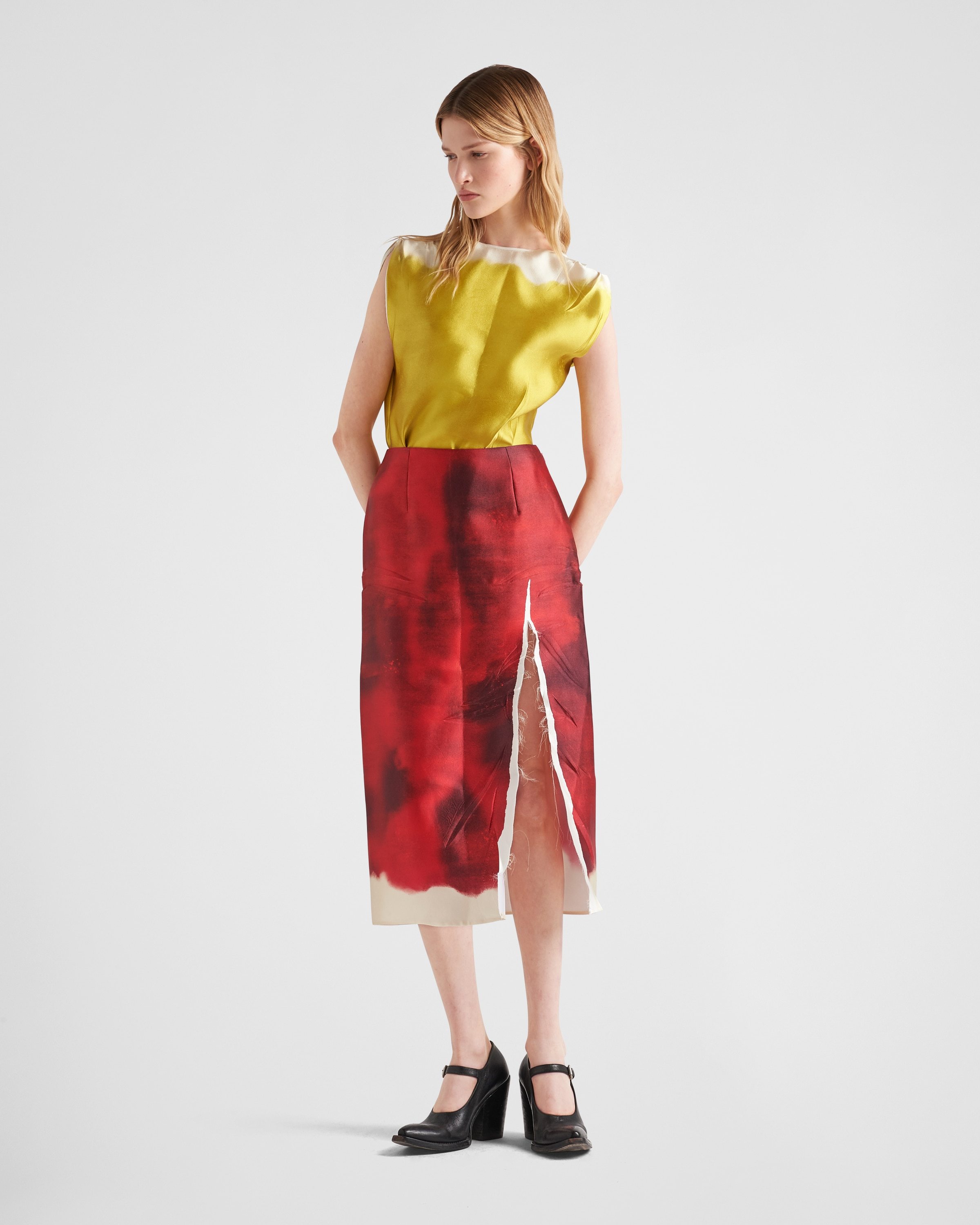 Prada Sleeveless Asymmetric Satin Button Top In Yellow