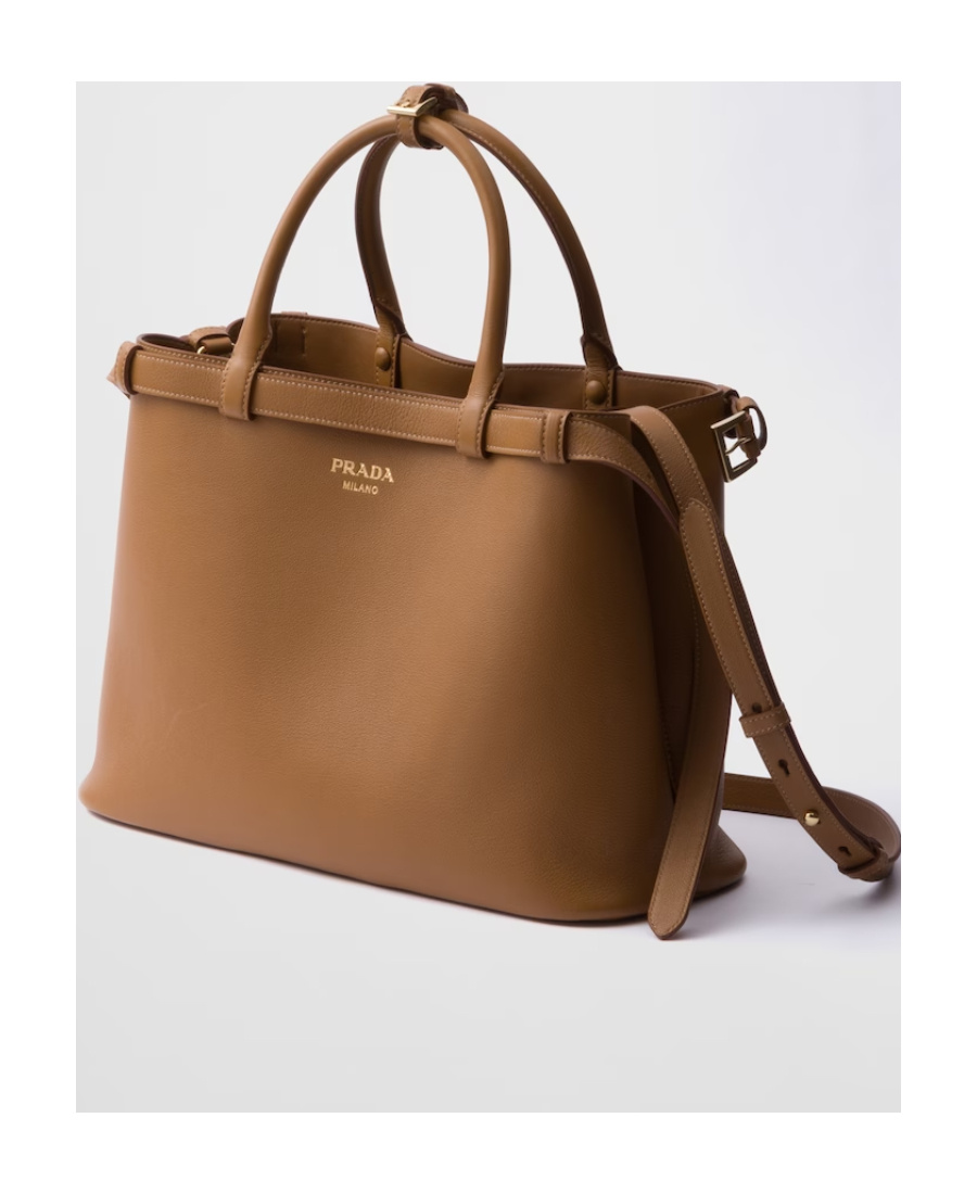 Prada Buckle Medium Leather Handbag With Double Belt In Brown
